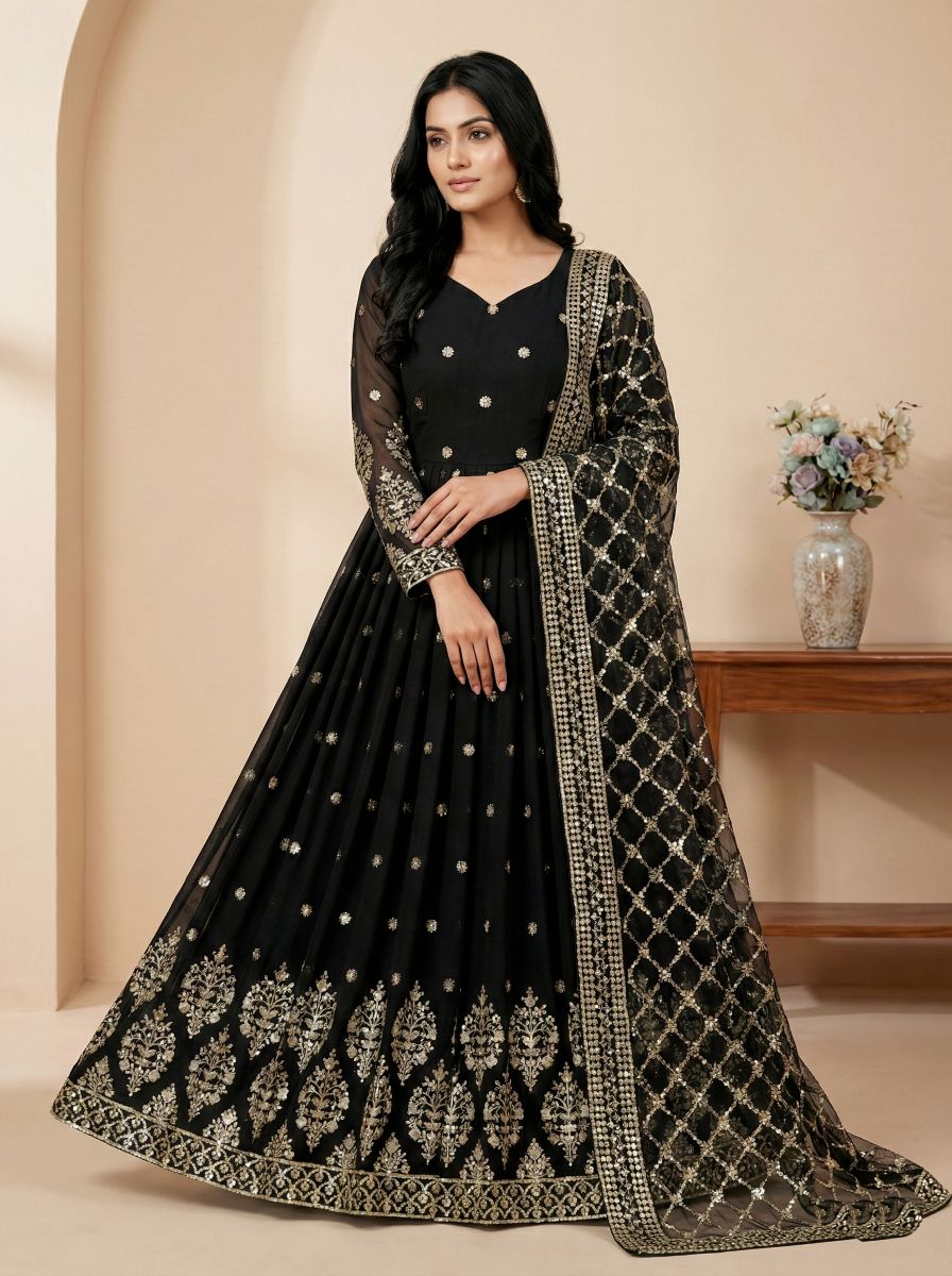 Black Heavy Faux Georgette Embroidered Sequence Anarkali Gown