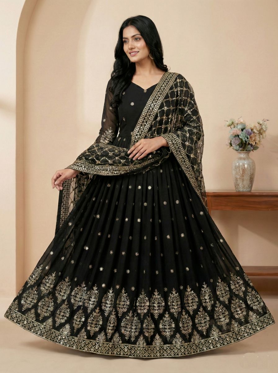 Black Heavy Faux Georgette Embroidered Sequence Anarkali Gown — alternate view