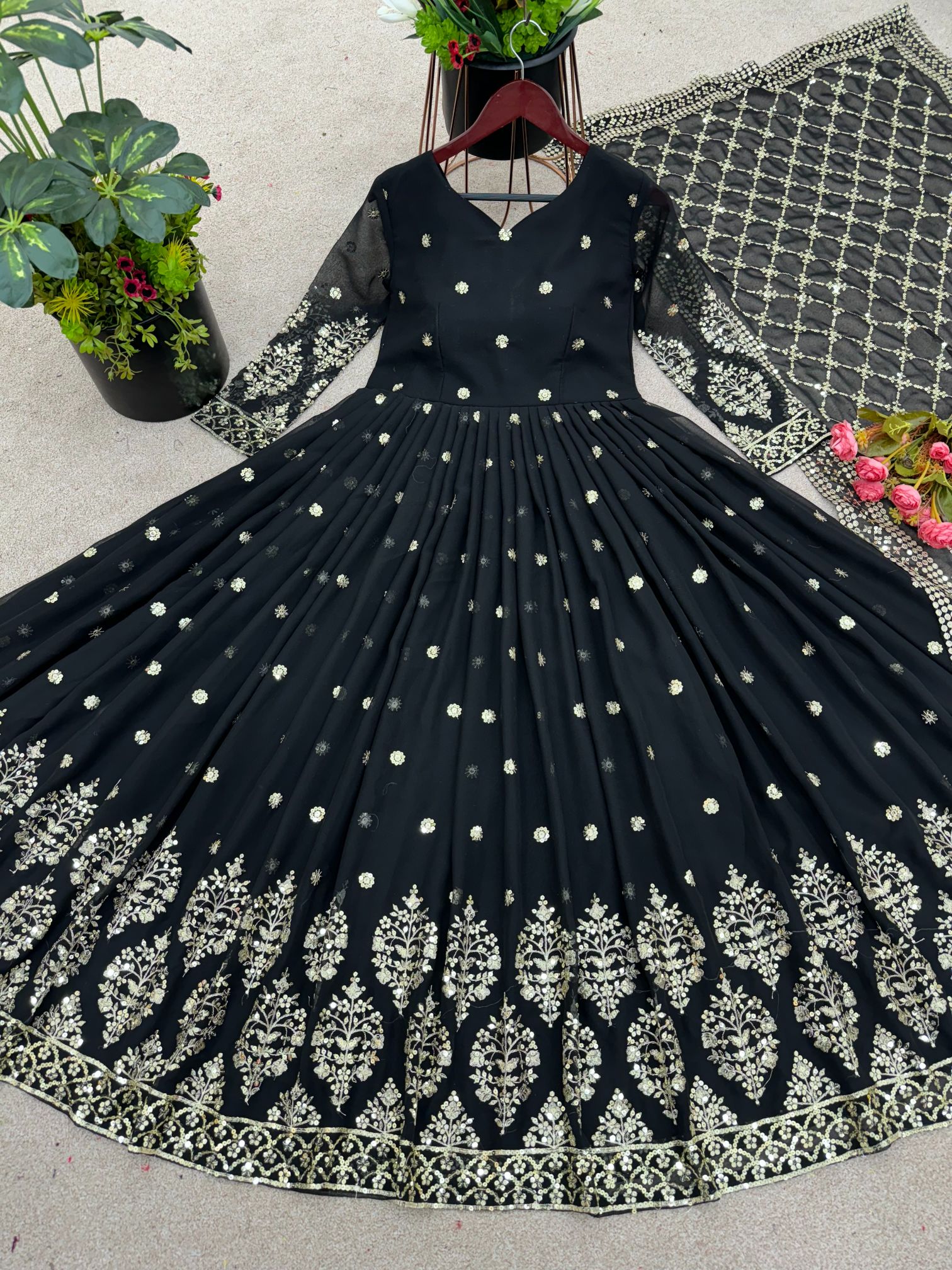 Black Heavy Faux Georgette Embroidered Sequence Anarkali Gown