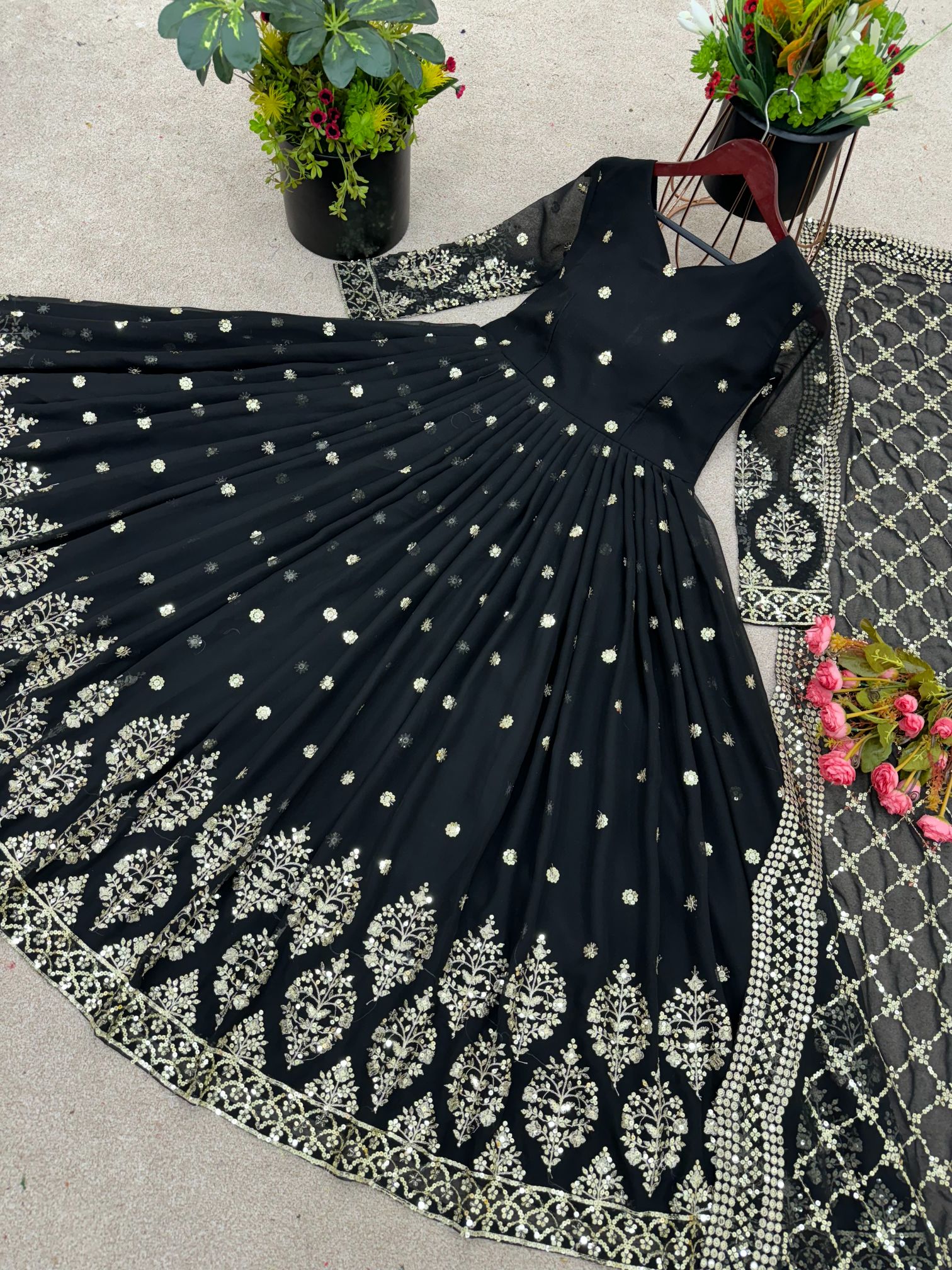 Black Heavy Faux Georgette Embroidered Sequence Anarkali Gown
