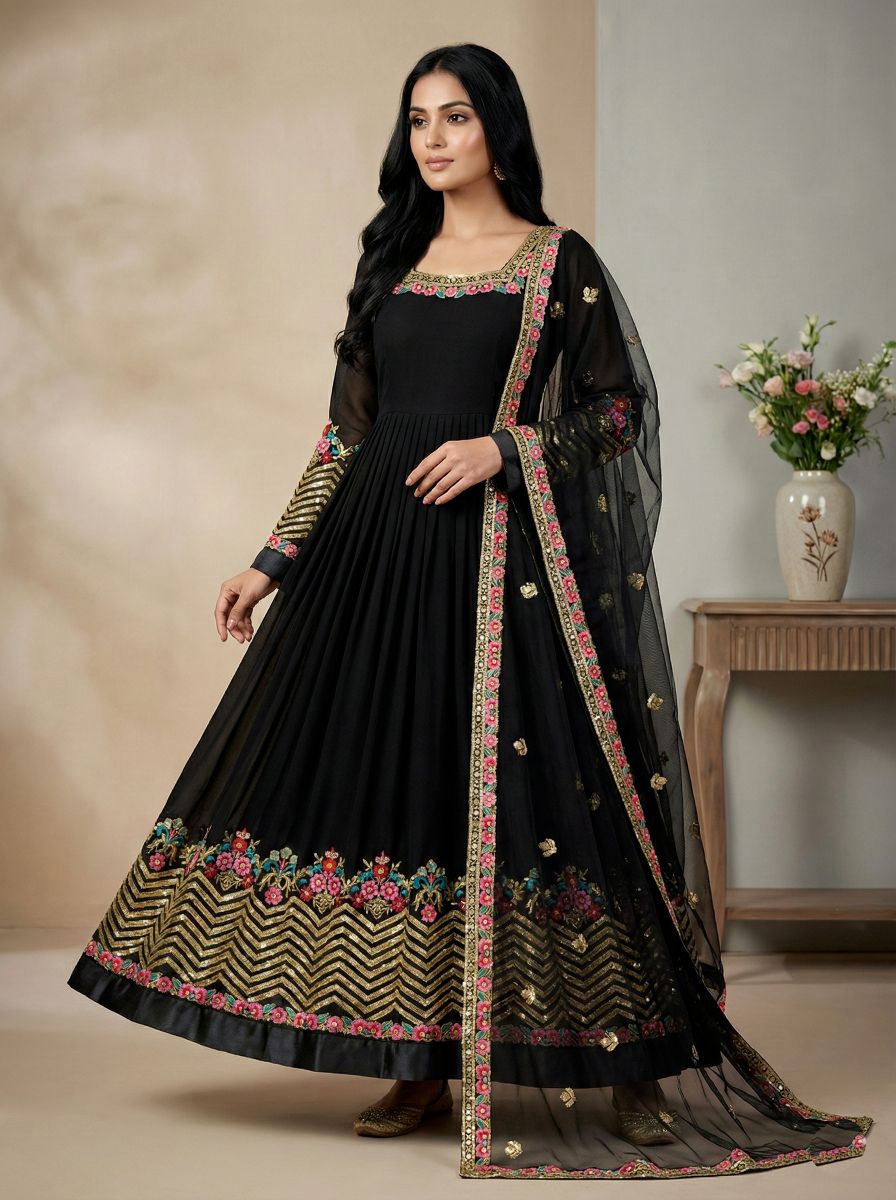 Black Heavy Georgette Multi-Thread Embroidered Anarkali Suit Set
