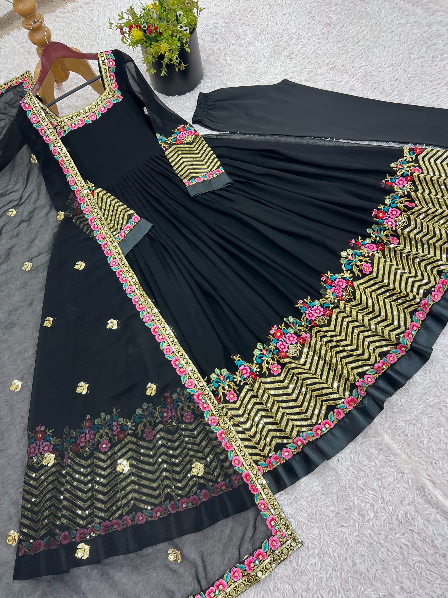 Black Heavy Georgette Multi-Thread Embroidered Anarkali Suit Set — alternate view