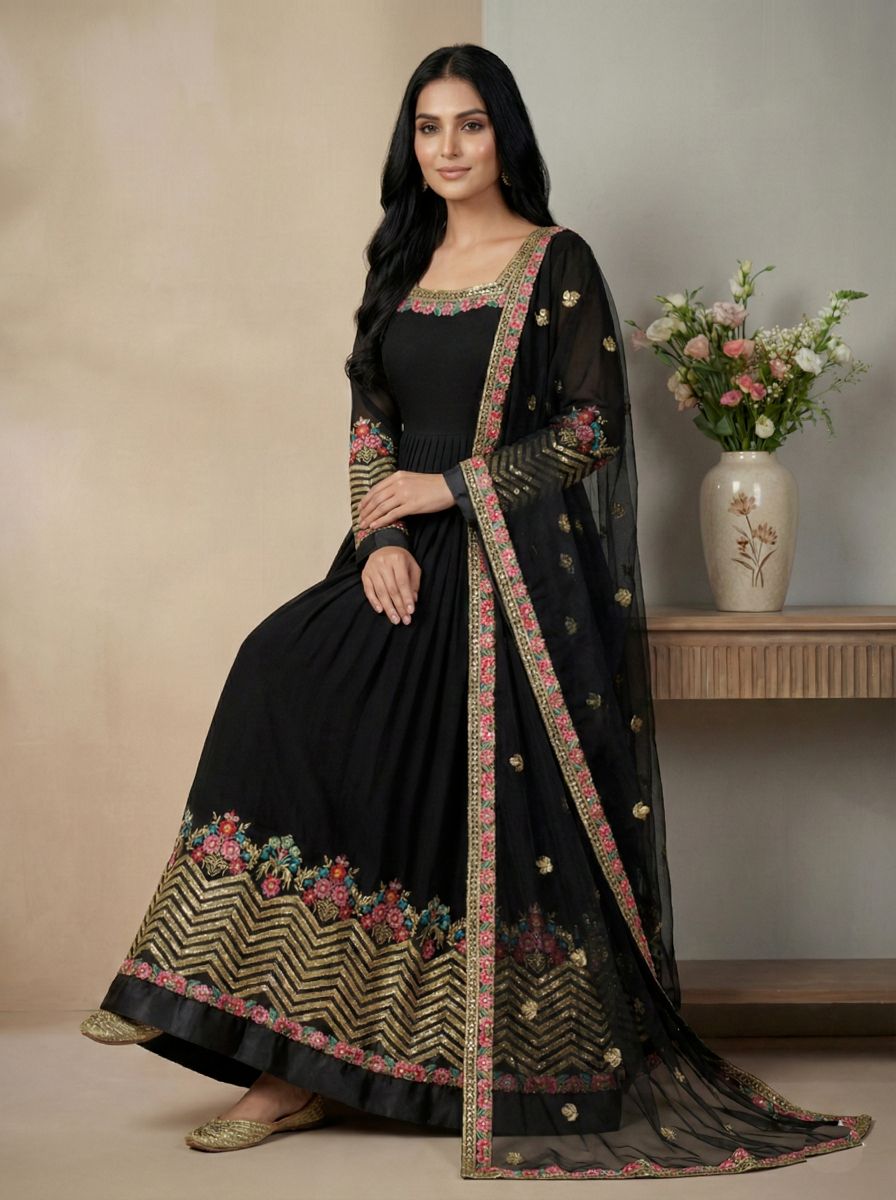 Black Heavy Georgette Multi-Thread Embroidered Anarkali Suit Set