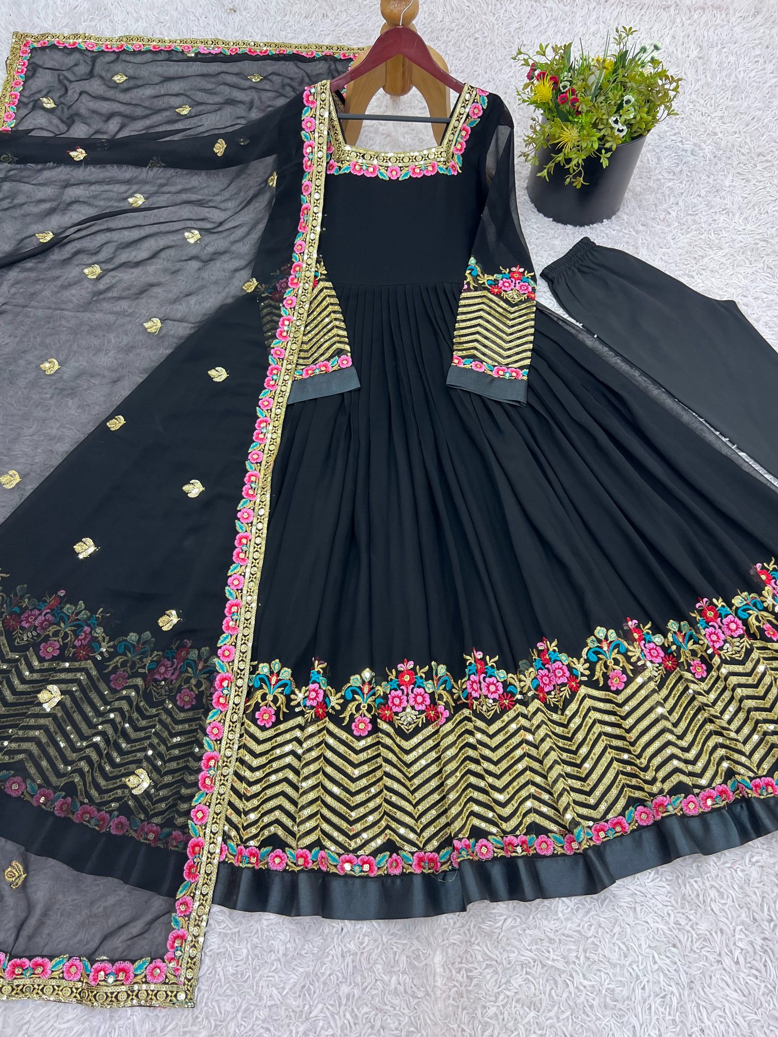 Black Heavy Georgette Multi-Thread Embroidered Anarkali Suit Set