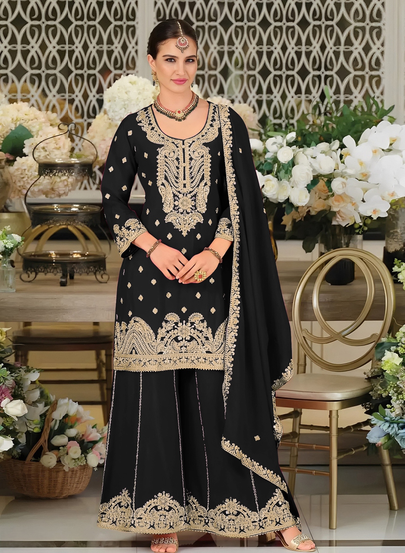 Black Heritage Embroidered Chinon Palazzo Suit