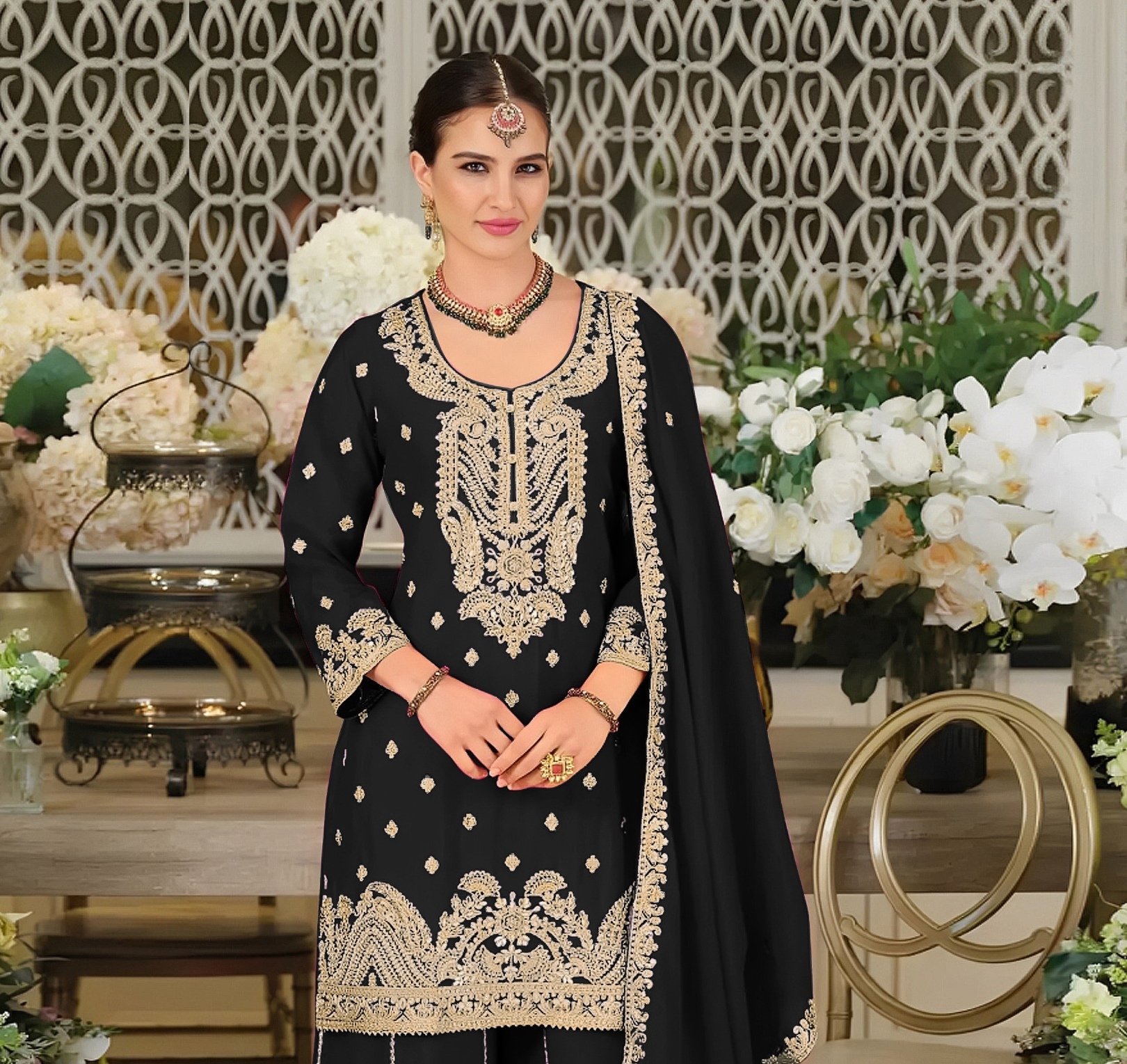 Black Heritage Embroidered Chinon Palazzo Suit — alternate view