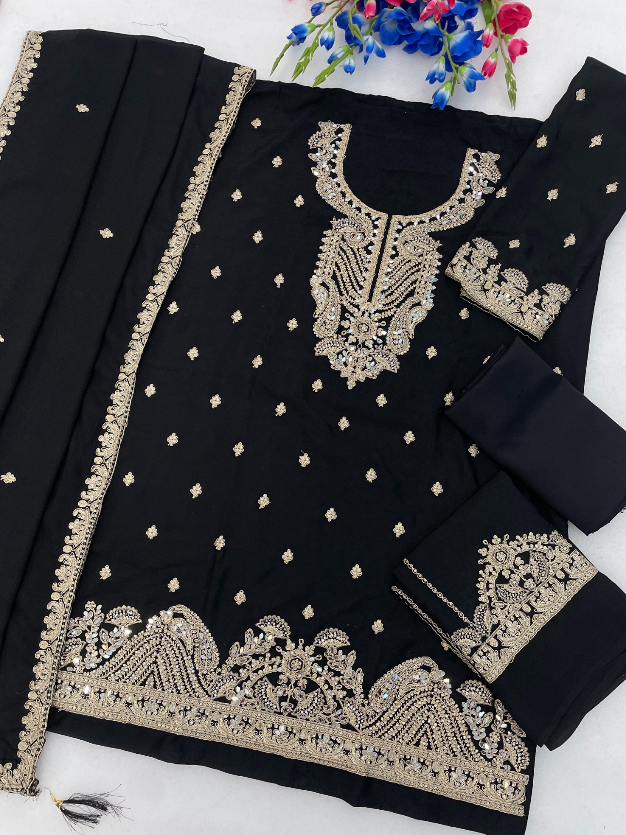 Black Heritage Embroidered Chinon Palazzo Suit