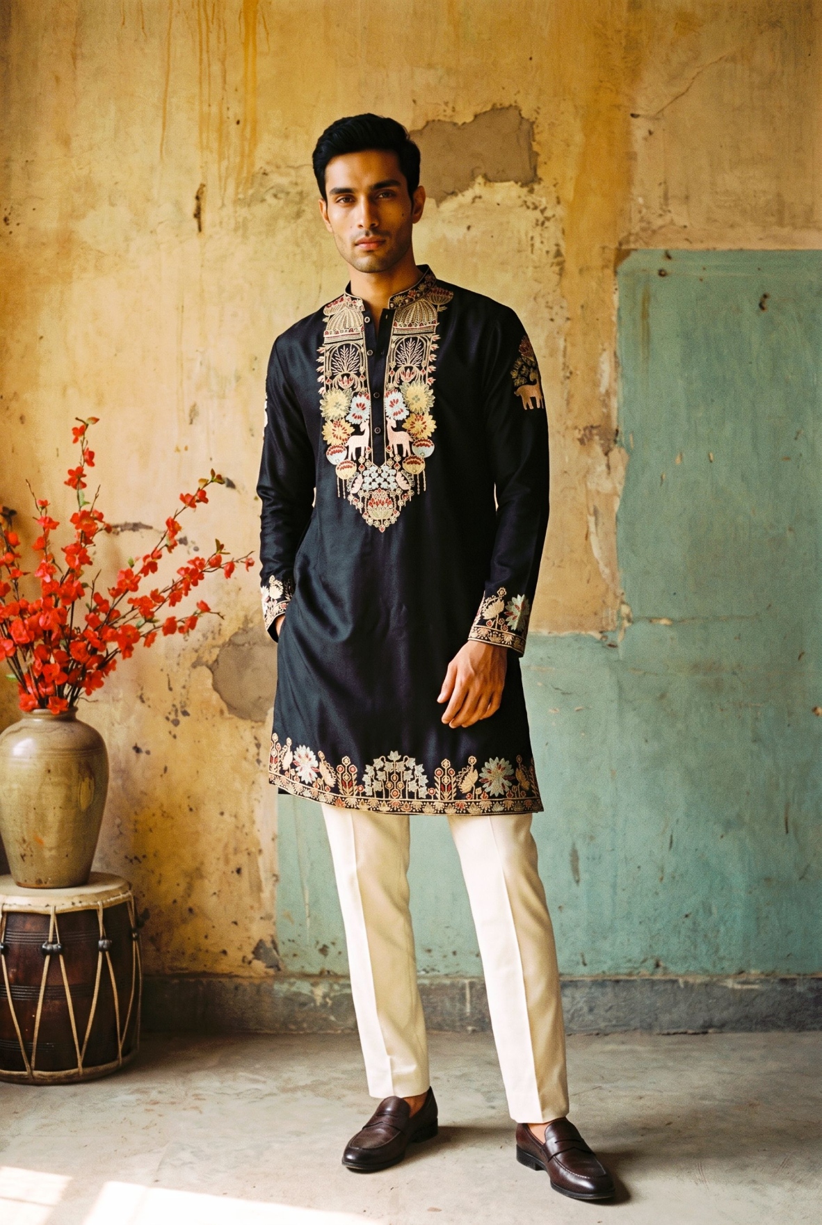 Black Heritage Embroidered Silk Kurta Pyjama