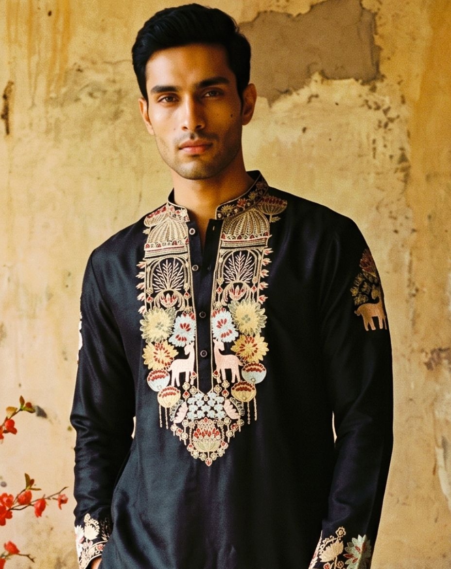 Black Heritage Embroidered Silk Kurta Pyjama — alternate view