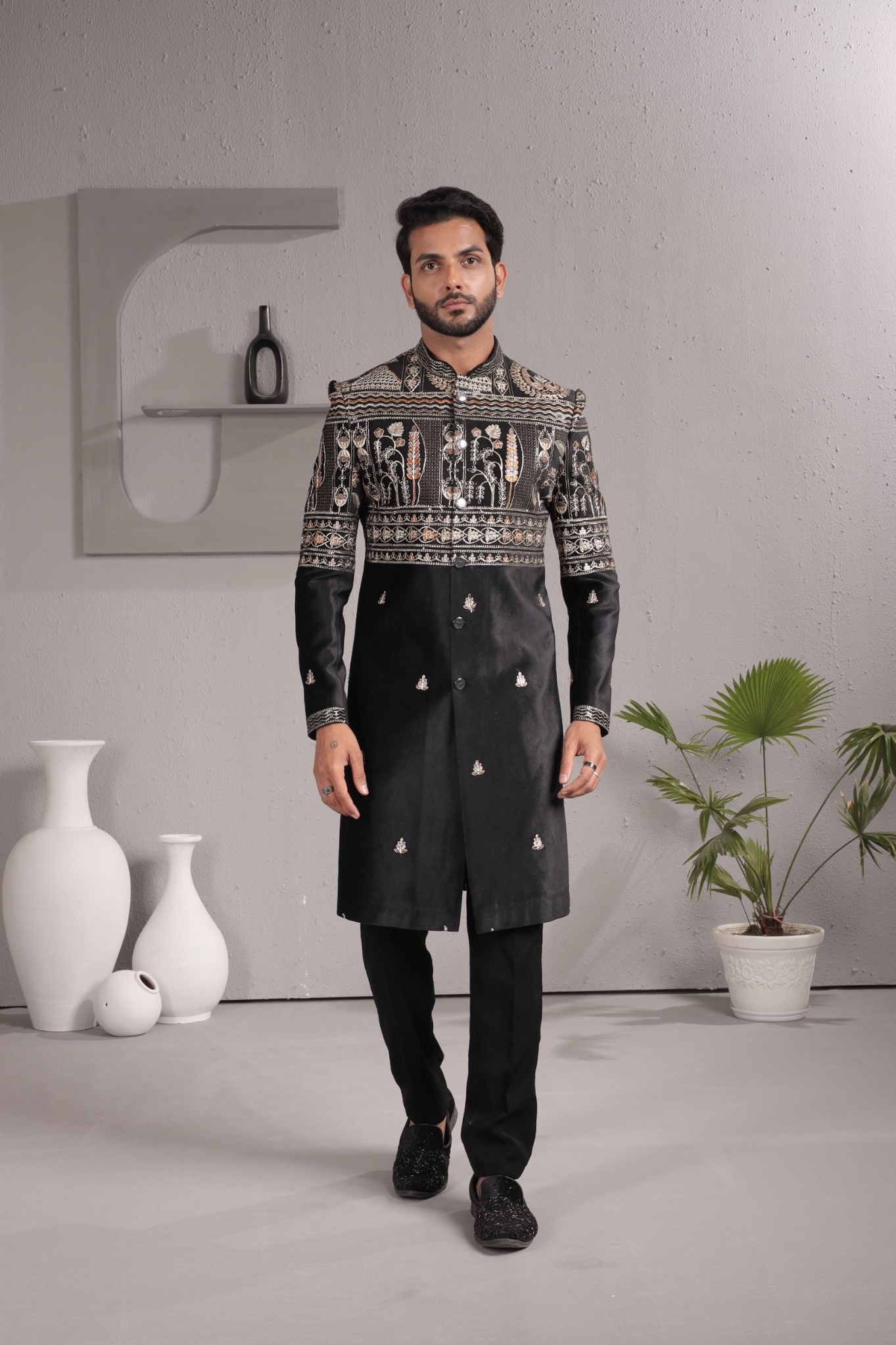 Black Heritage Embroidery Velvet Indo-Western Sherwani