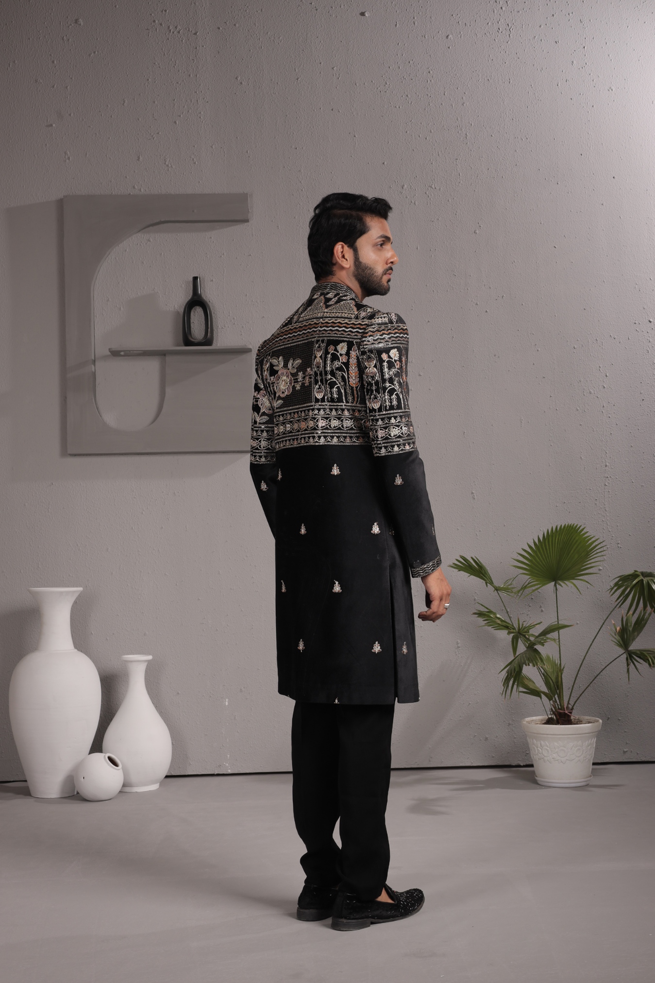 Black Heritage Embroidery Velvet Indo-Western Sherwani — alternate view