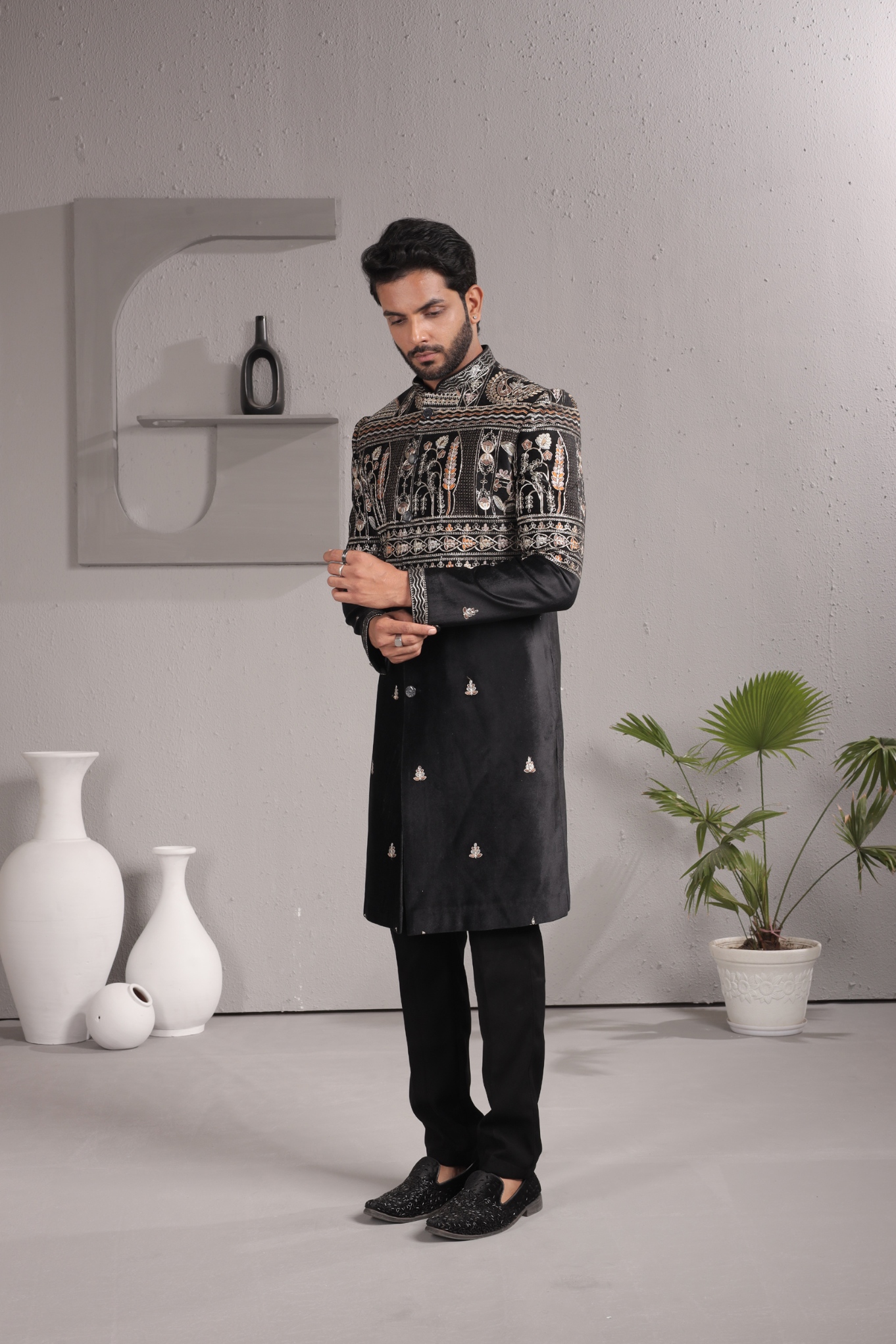 Black Heritage Embroidery Velvet Indo-Western Sherwani