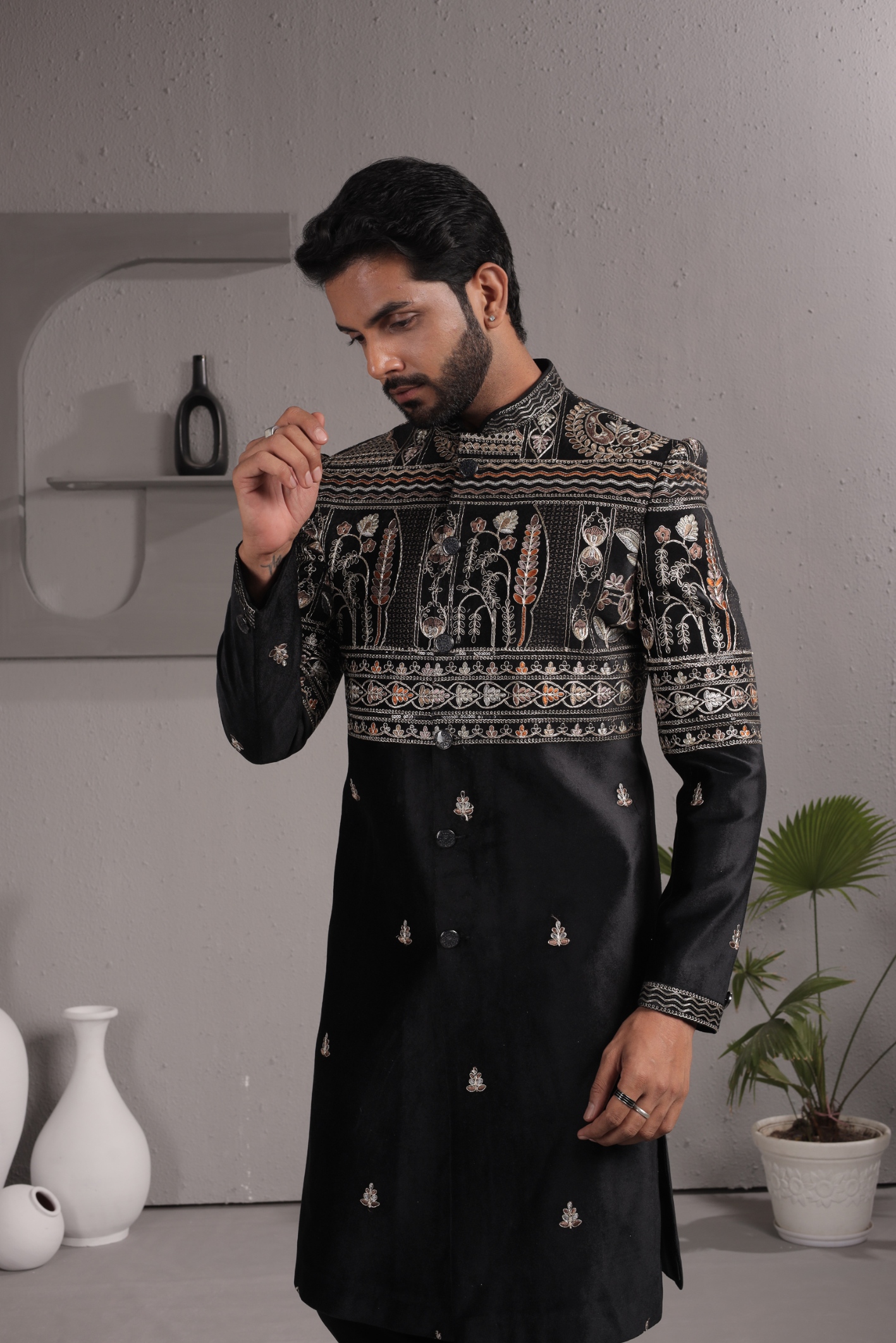 Black Heritage Embroidery Velvet Indo-Western Sherwani