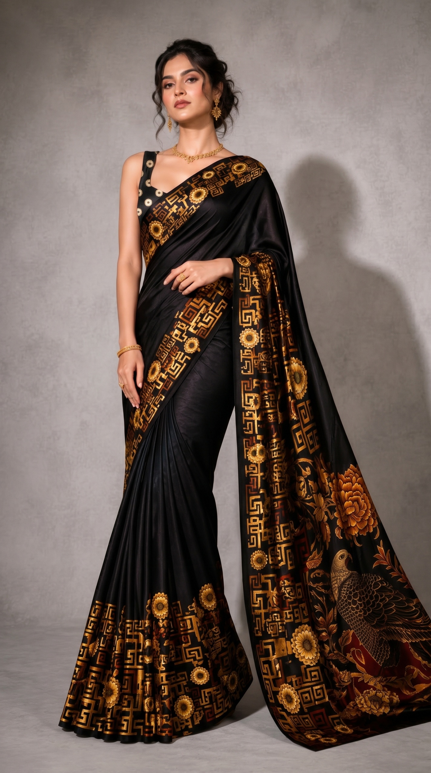 Black Heritage Floral & Bird Print Satin Ready-to-Wear Saree