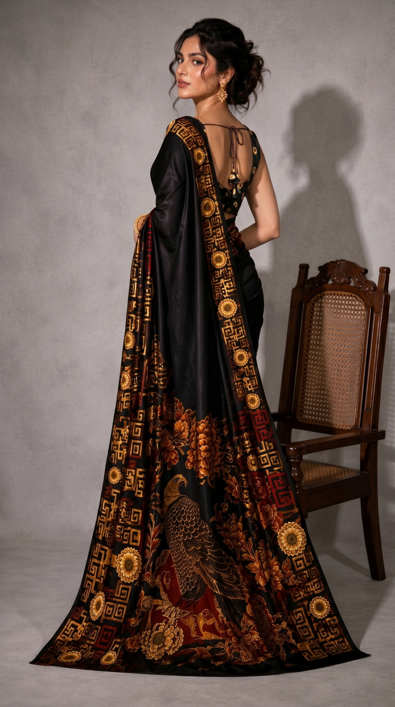 Black Heritage Floral & Bird Print Satin Ready-to-Wear Saree — alternate view