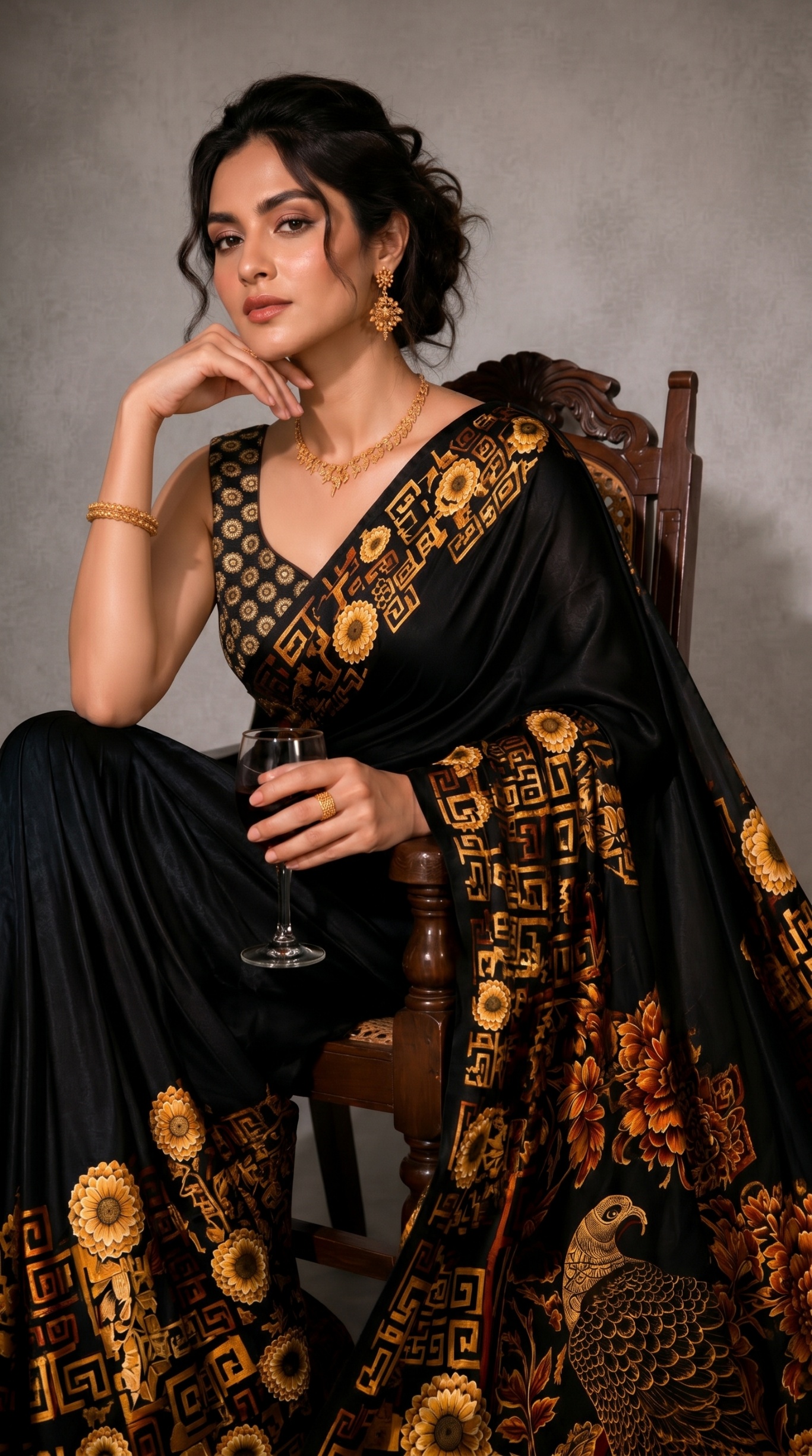 Black Heritage Floral & Bird Print Satin Ready-to-Wear Saree