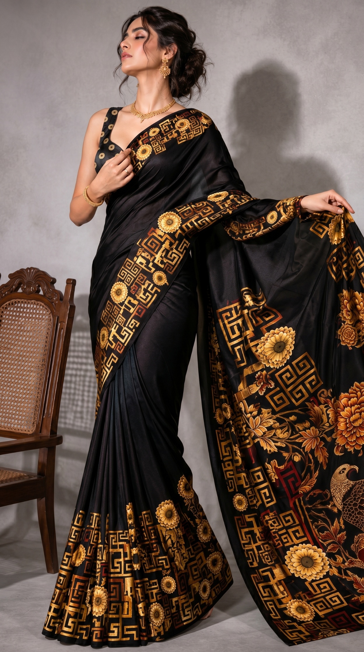 Black Heritage Floral & Bird Print Satin Ready-to-Wear Saree