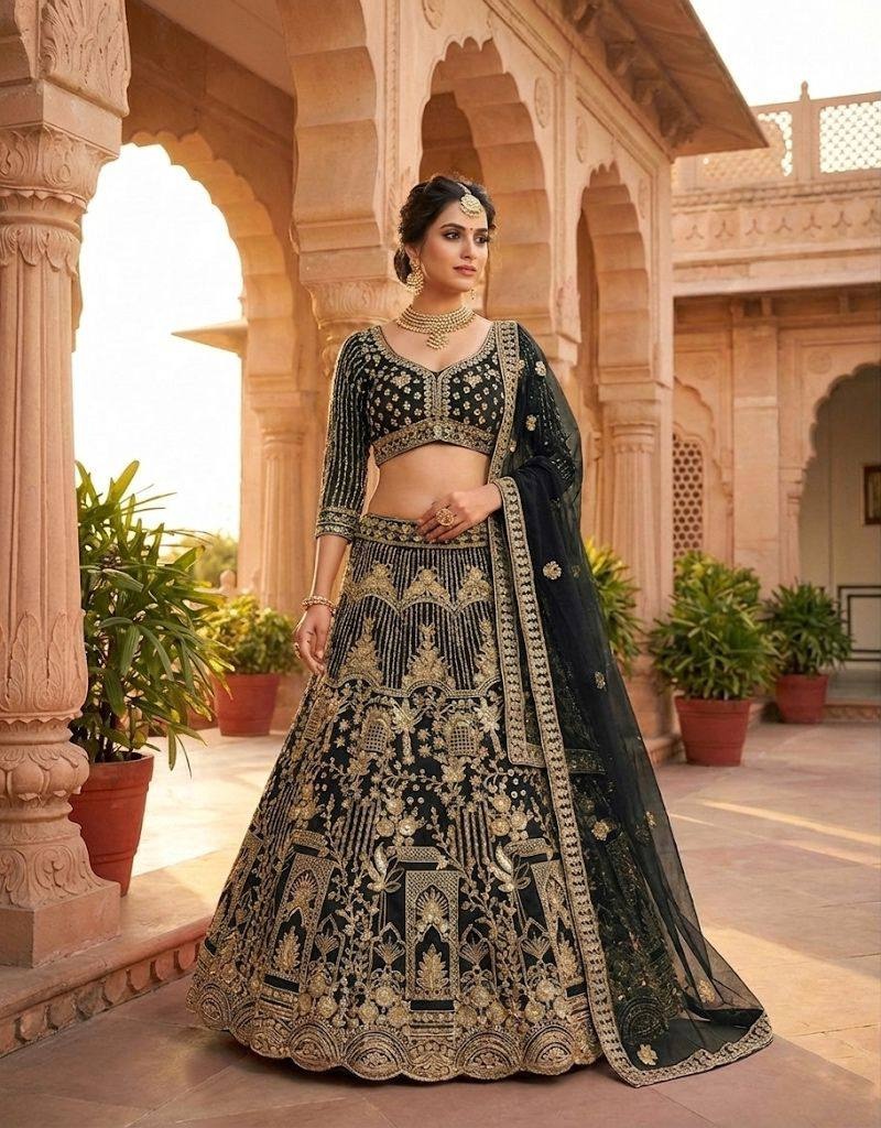 Black Heritage Motif Sequins Soft Net Lehenga Choli