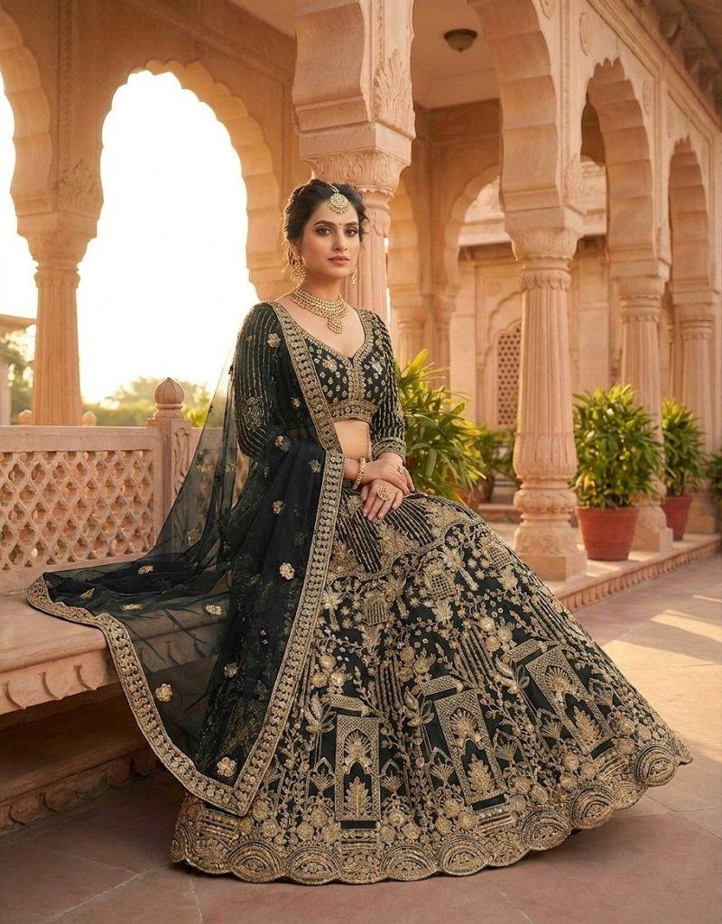 Black Heritage Motif Sequins Soft Net Lehenga Choli