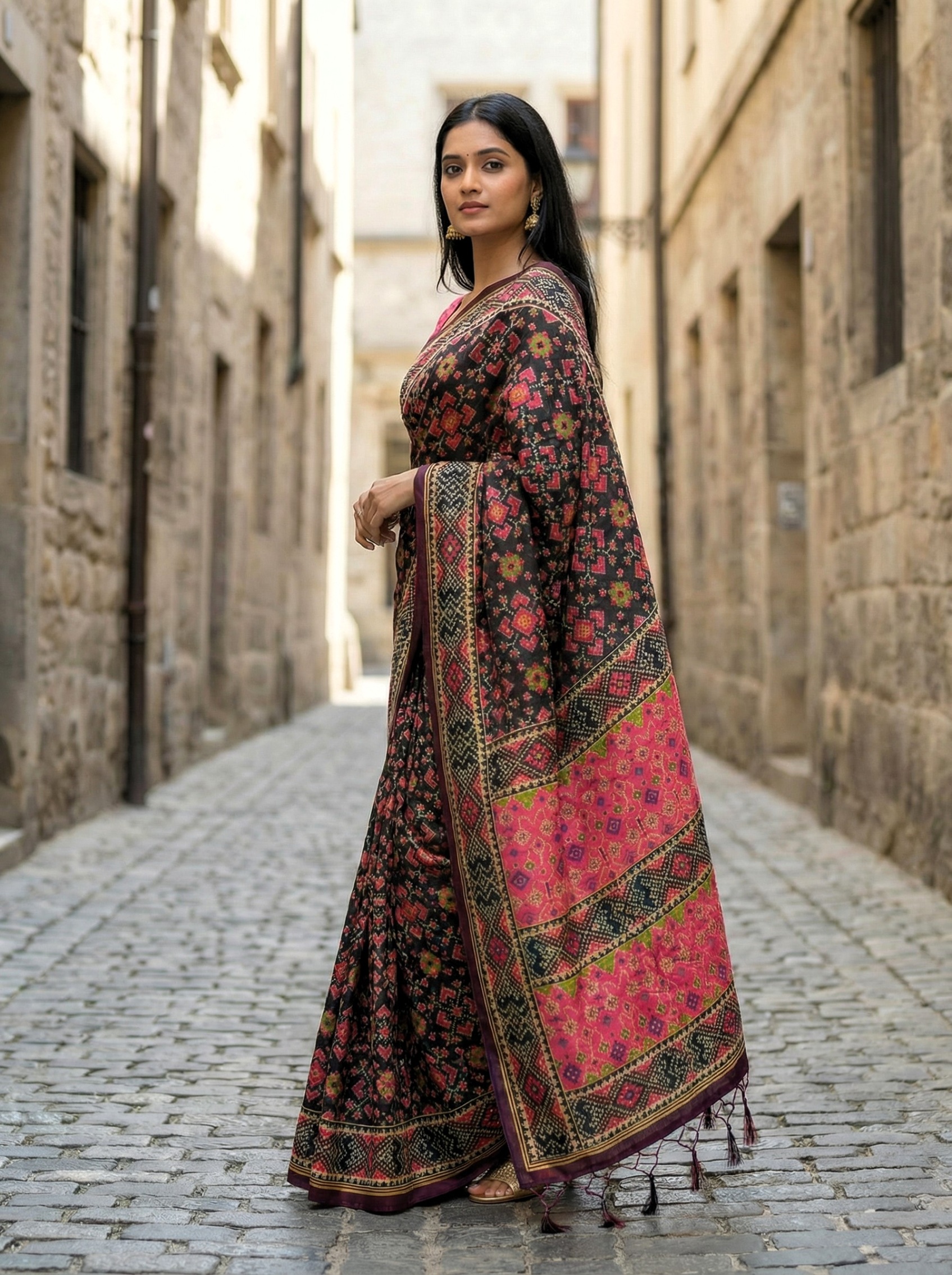 Black Heritage Printed Assam Silk Saree — alternate view