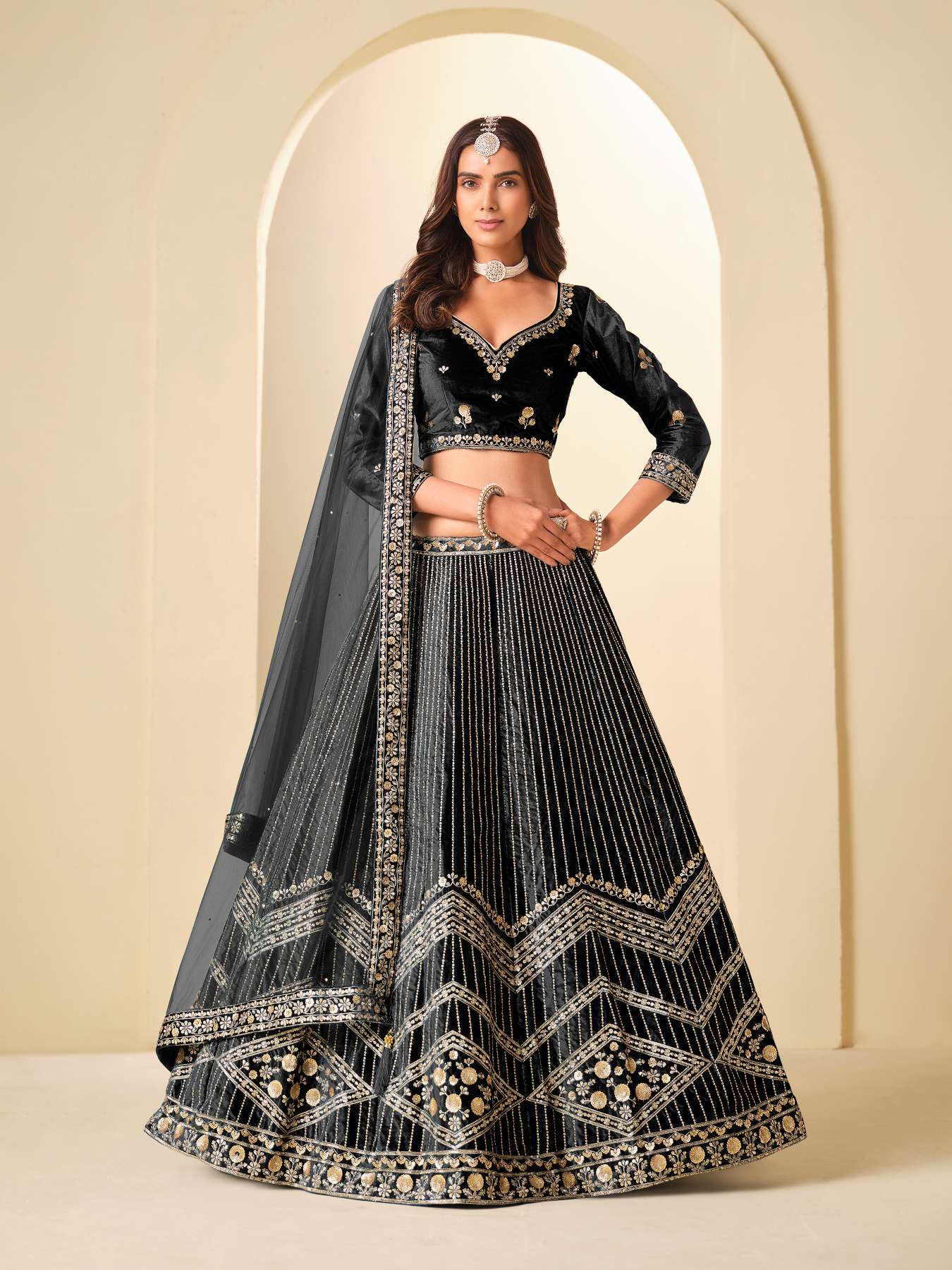 Black Ice Velvet Printed and Embroidered Lehenga Choli