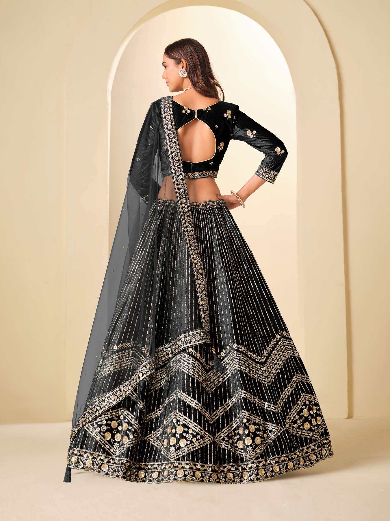 Black Ice Velvet Printed and Embroidered Lehenga Choli — alternate view