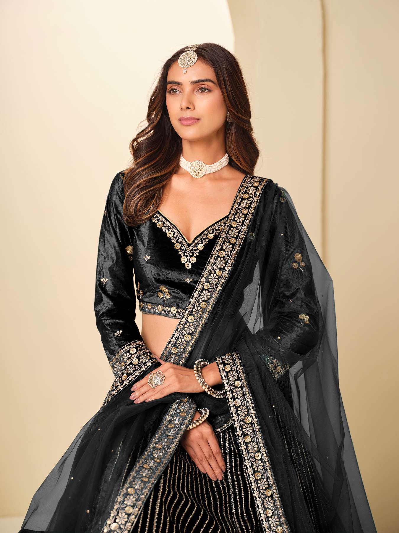 Black Ice Velvet Printed and Embroidered Lehenga Choli