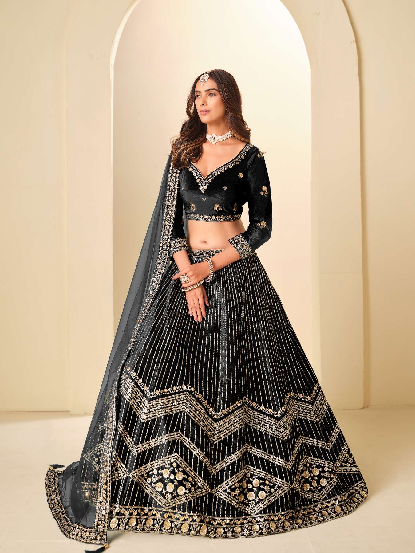 Black Ice Velvet Printed and Embroidered Lehenga Choli