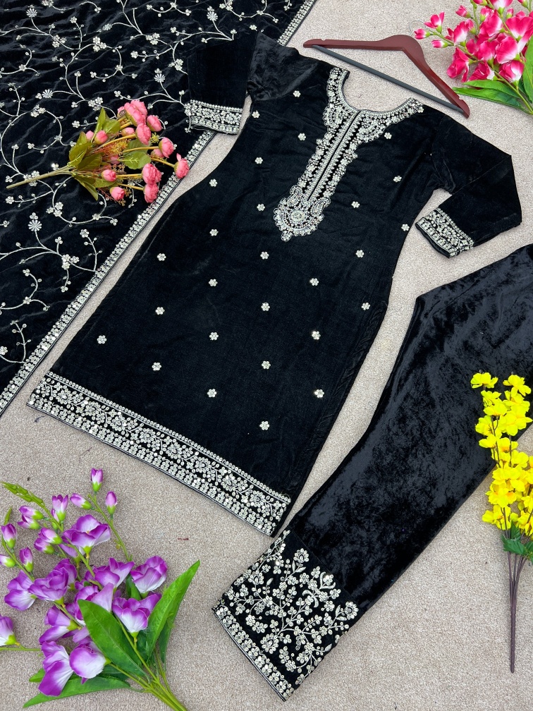 Black Imperial Sequins Velvet Suit