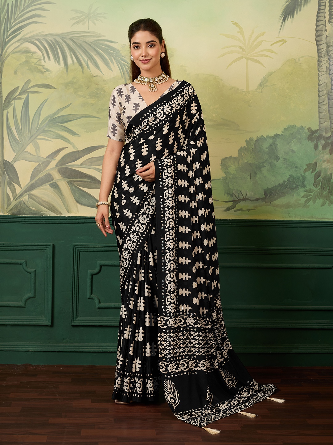 Black Ivory Batik Print Chinon Silk Saree