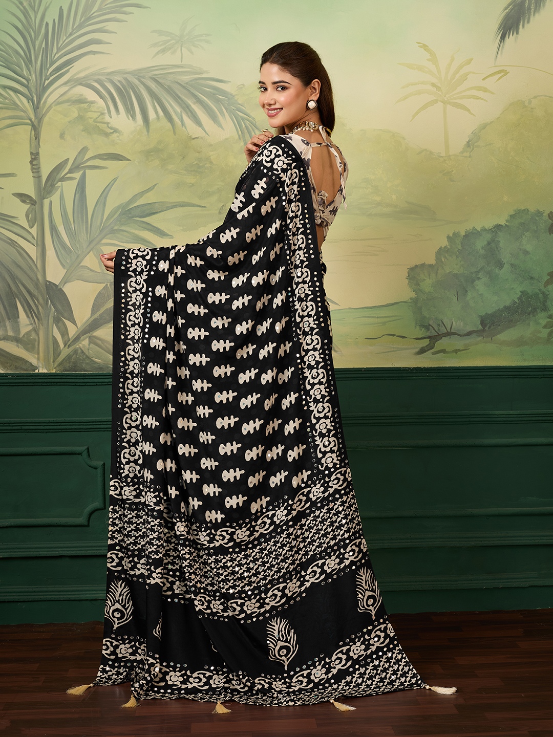 Black Ivory Batik Print Chinon Silk Saree — alternate view