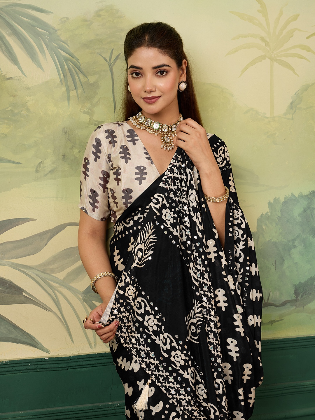 Black Ivory Batik Print Chinon Silk Saree