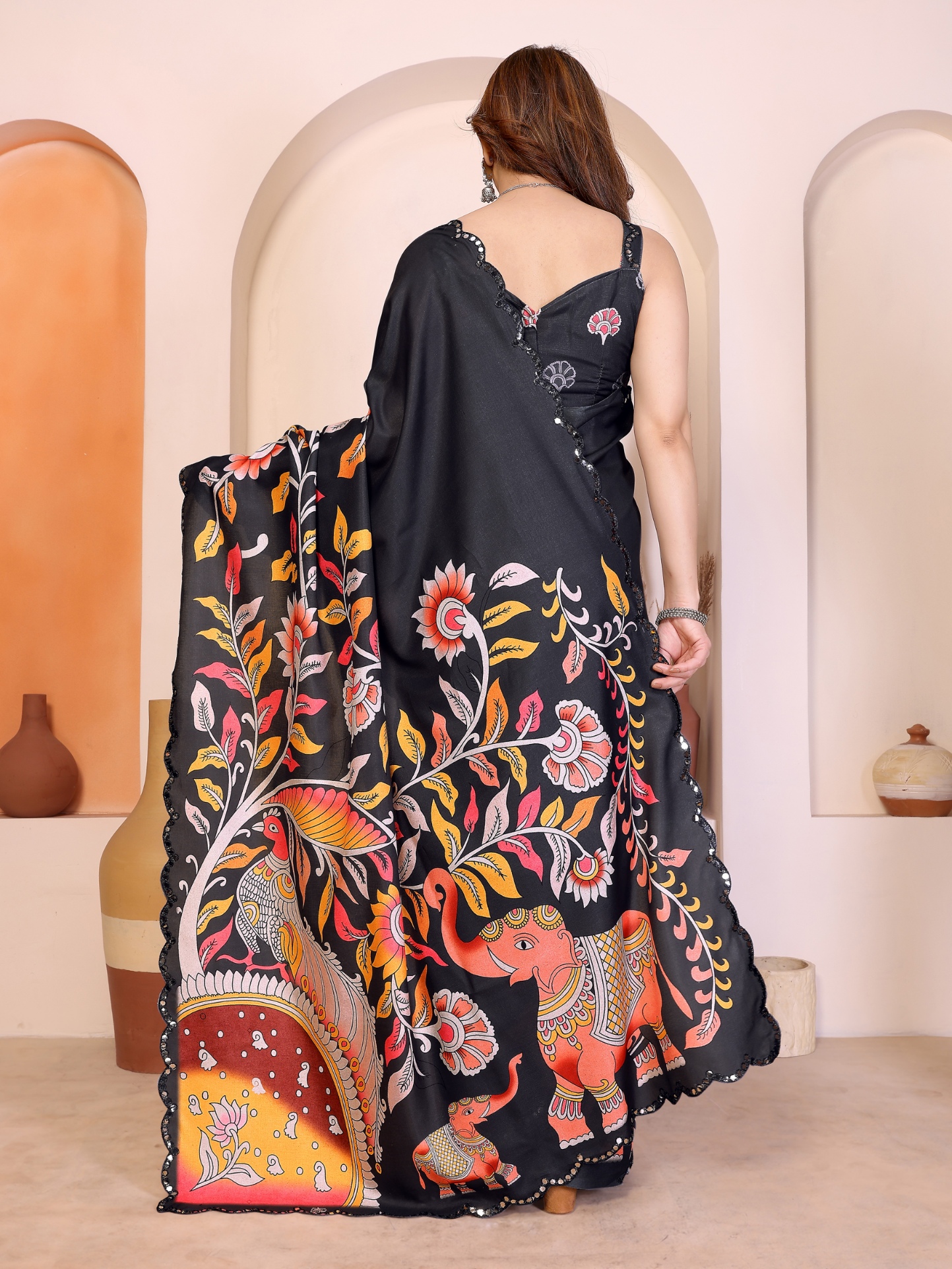 Black Kalamkari Digital Print Manipuri Silk Party Wear Saree — alternate view
