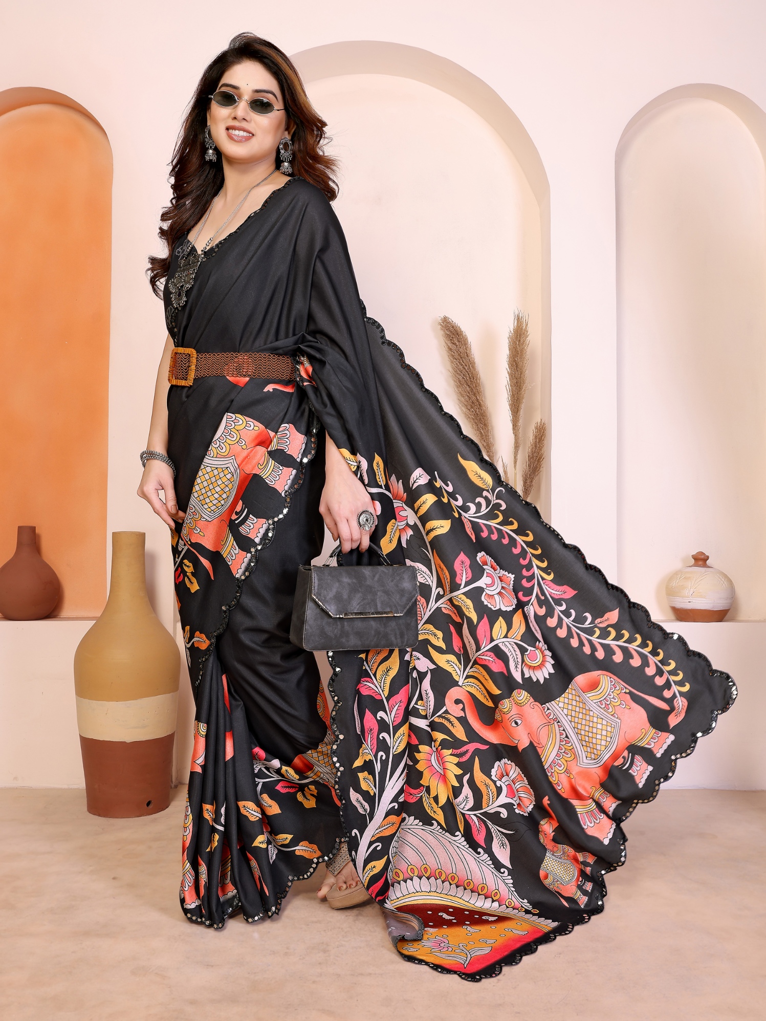 Black Kalamkari Digital Print Manipuri Silk Party Wear Saree