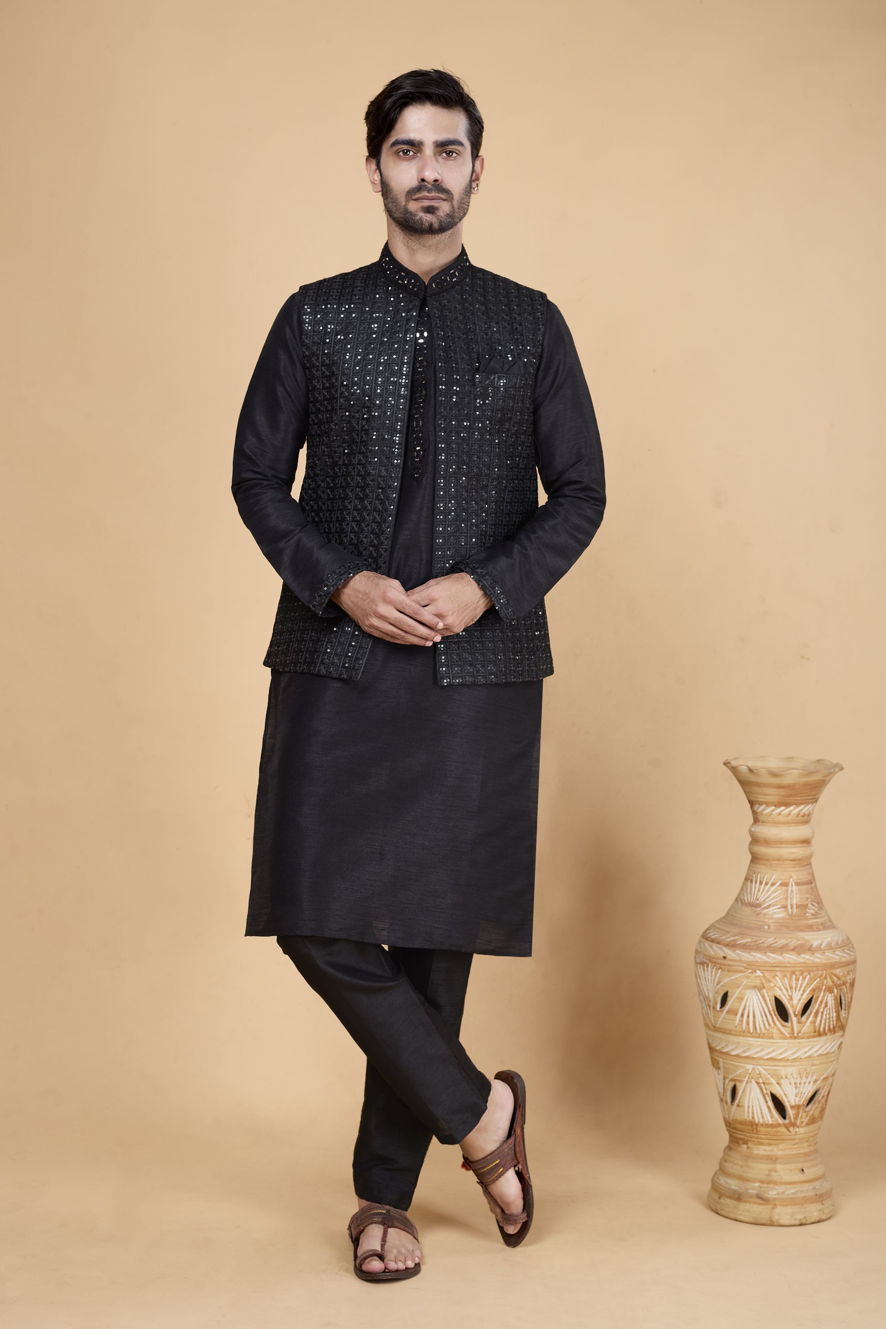 Black Kurta with Black Jacket Banarasi Silk Kurta Pyjama