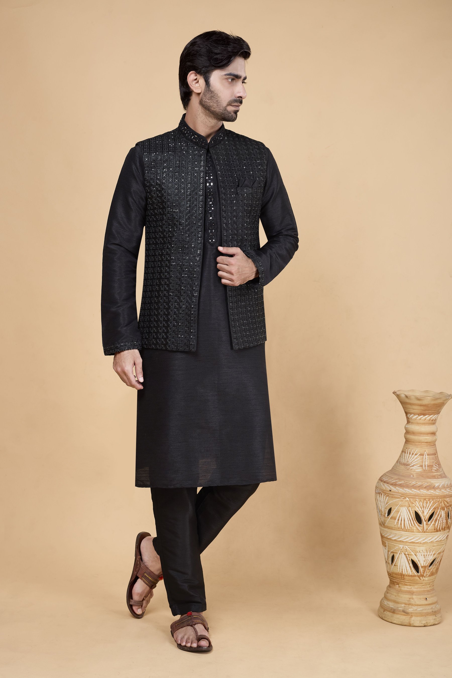 Black Kurta with Black Jacket Banarasi Silk Kurta Pyjama