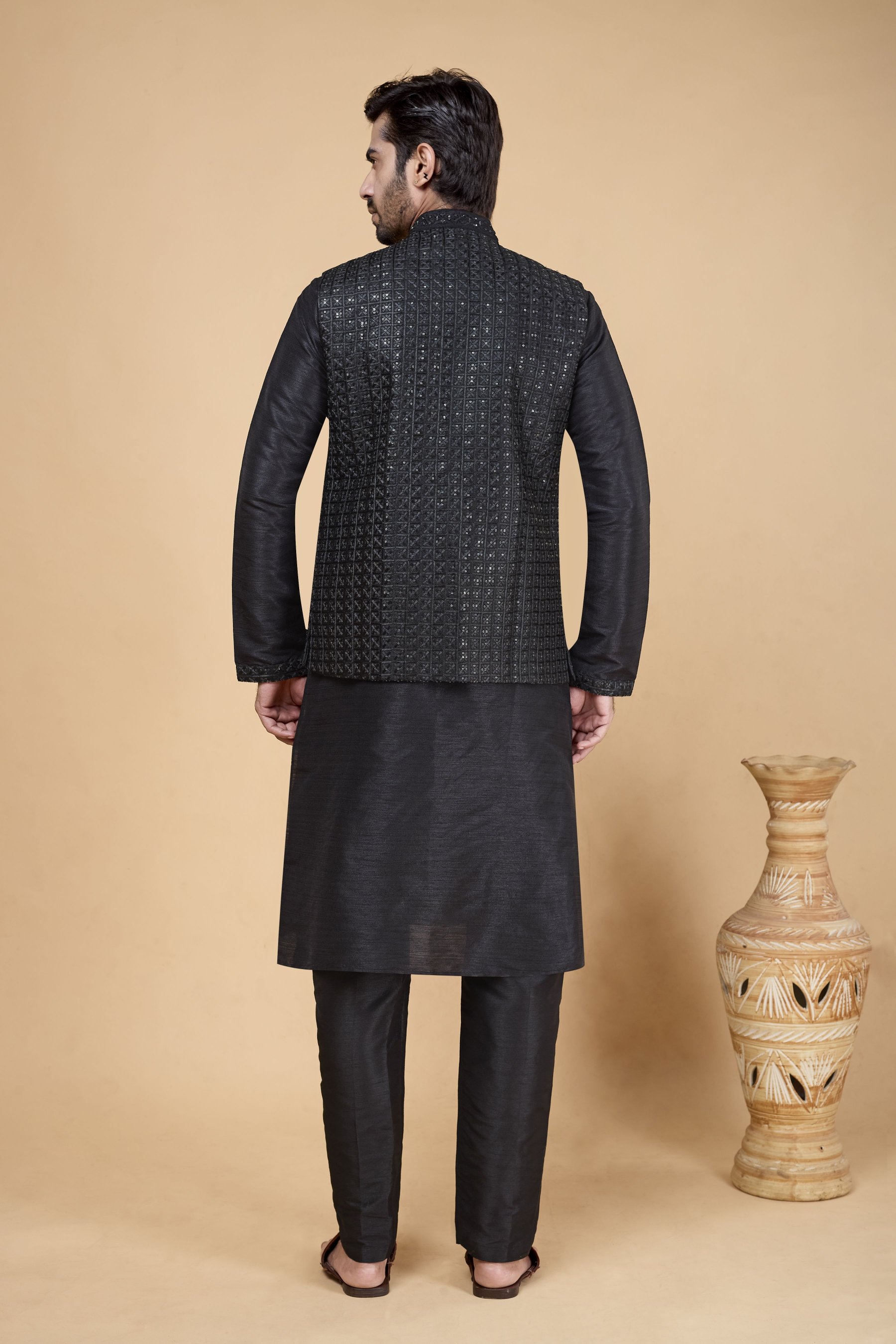 Black Kurta with Black Jacket Banarasi Silk Kurta Pyjama