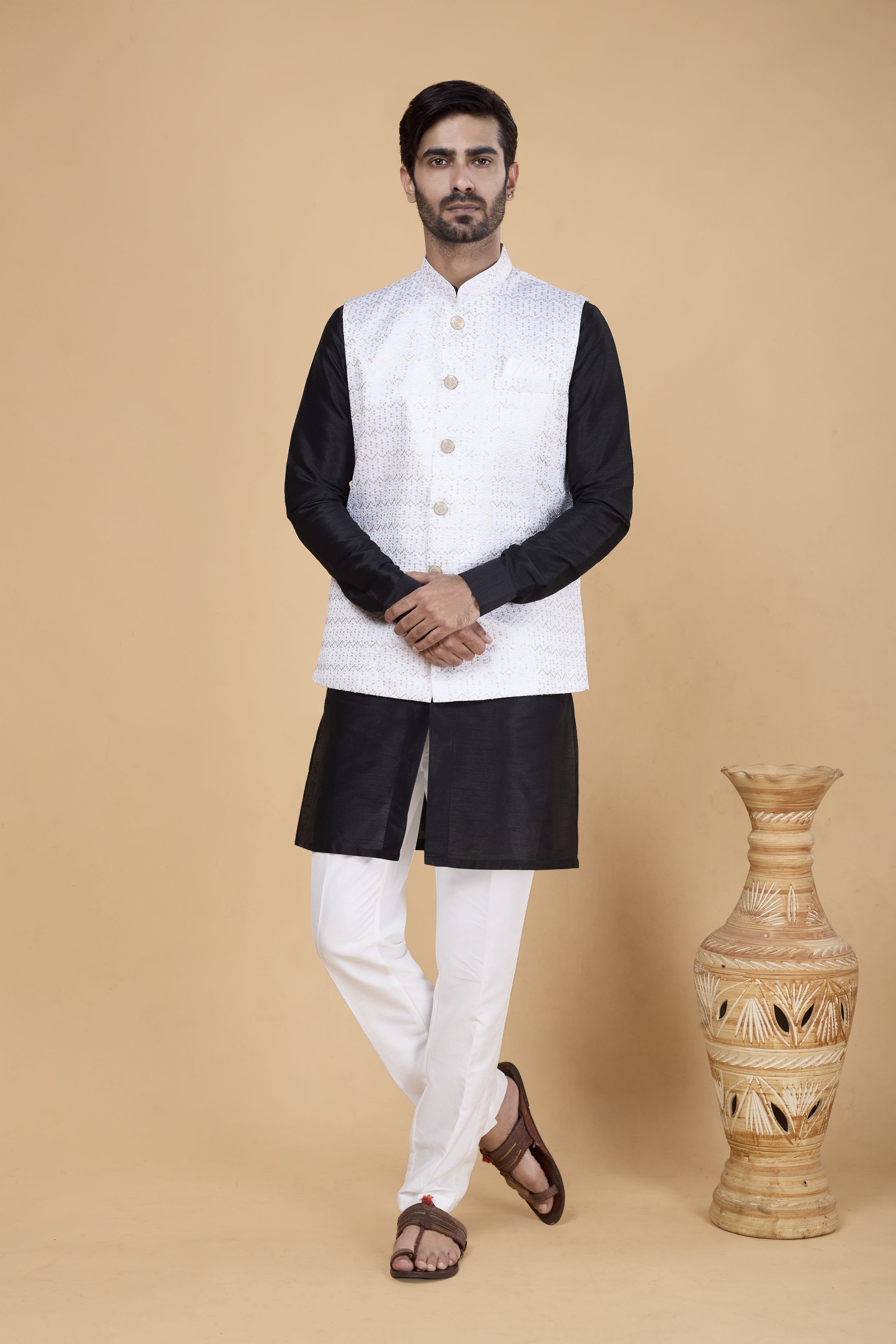 Black Kurta with Off White Jacket Banarasi Silk Kurta Pyjama