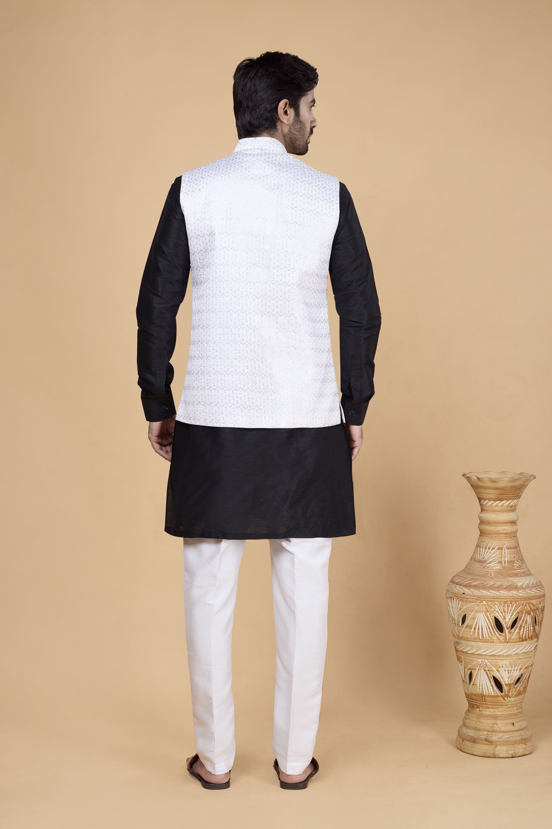 Black Kurta with Off White Jacket Banarasi Silk Kurta Pyjama — alternate view