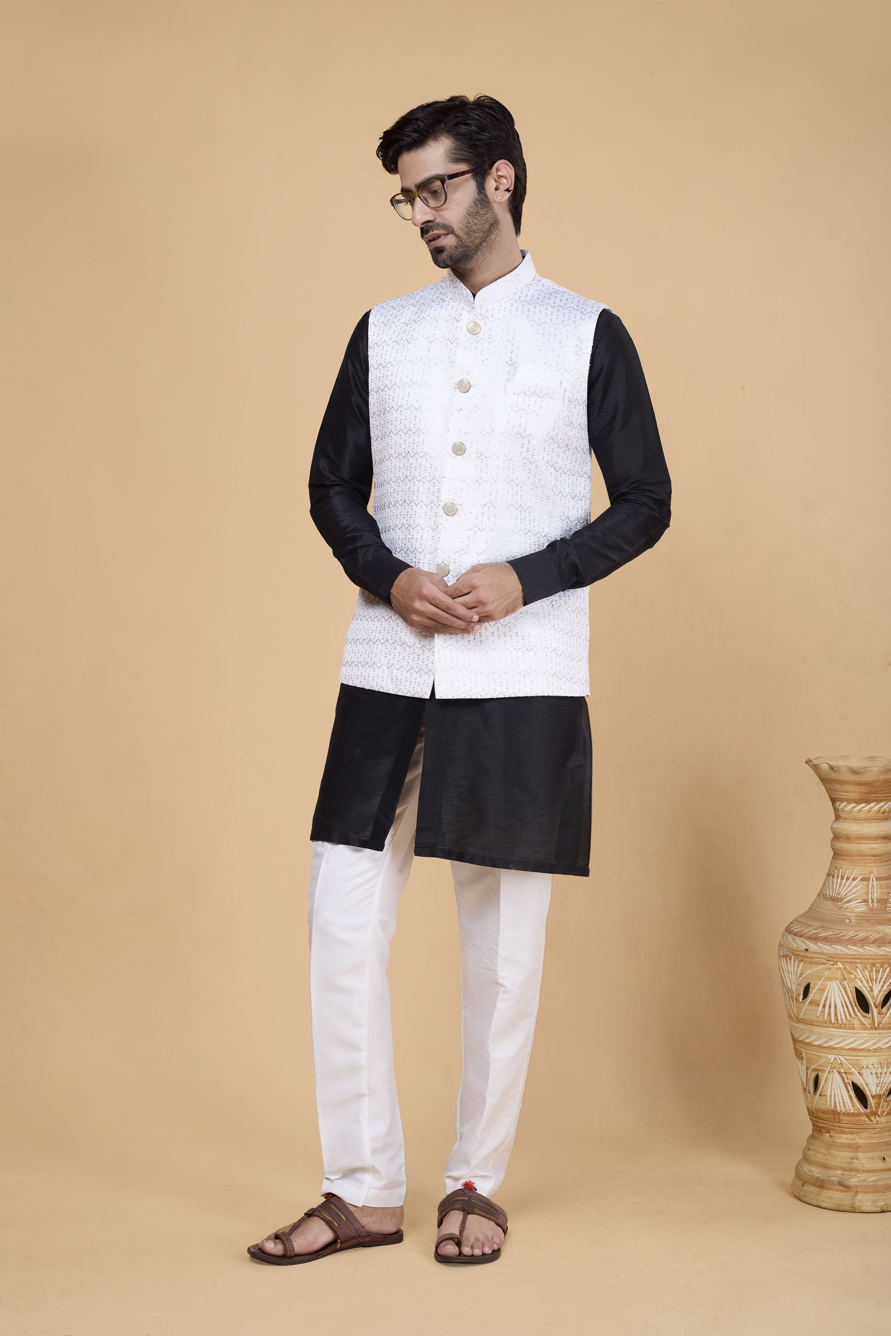 Black Kurta with Off White Jacket Banarasi Silk Kurta Pyjama