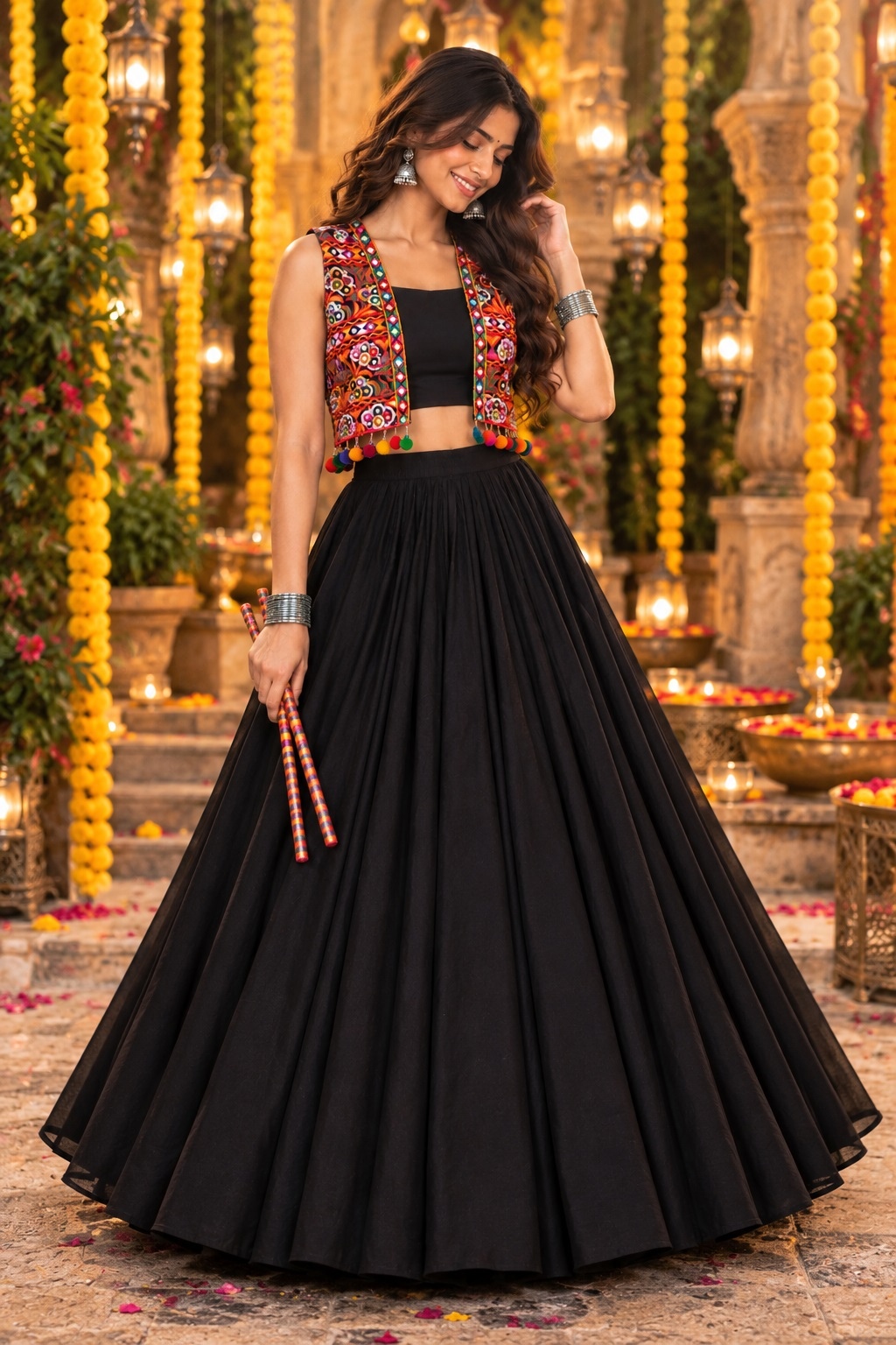 Black Kutch Mirror Embroidered Georgette Lehenga Choli Halter