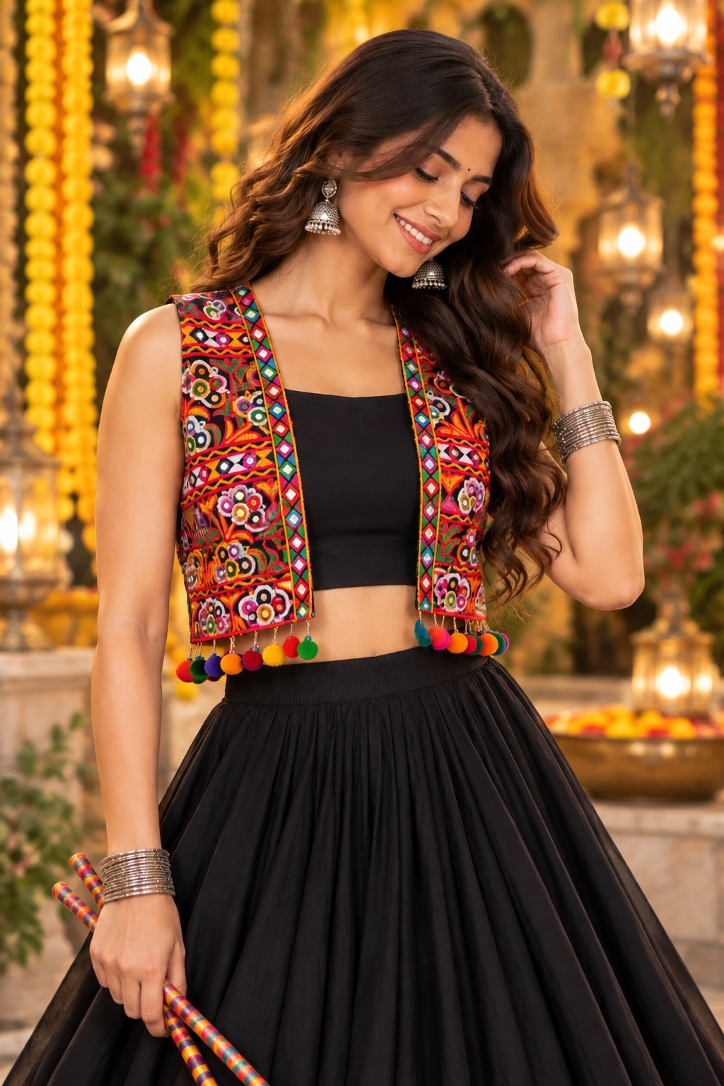Black Kutch Mirror Embroidered Georgette Lehenga Choli Halter