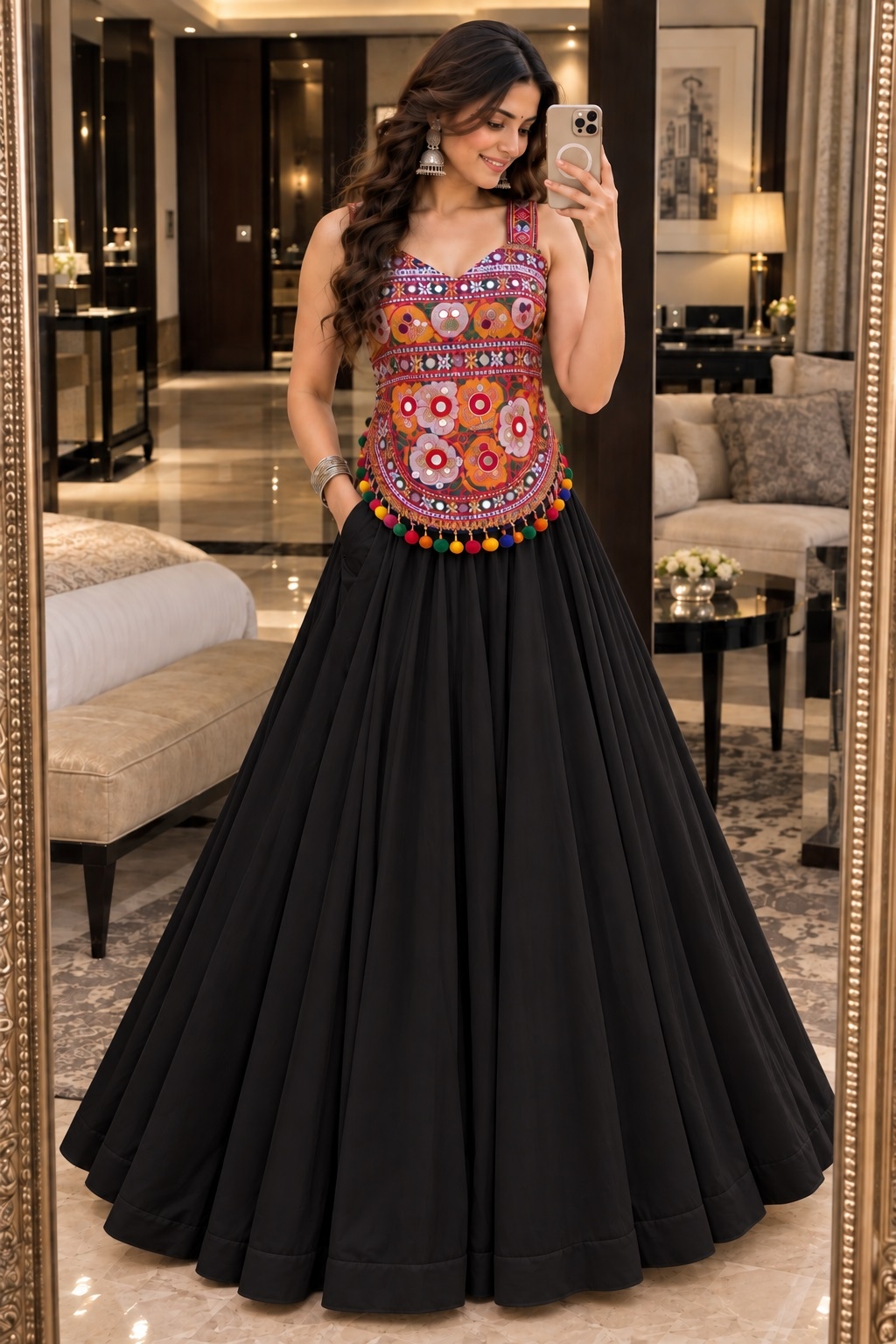 Black Kutch Mirror Embroidered Georgette Lehenga Choli Square-Neck