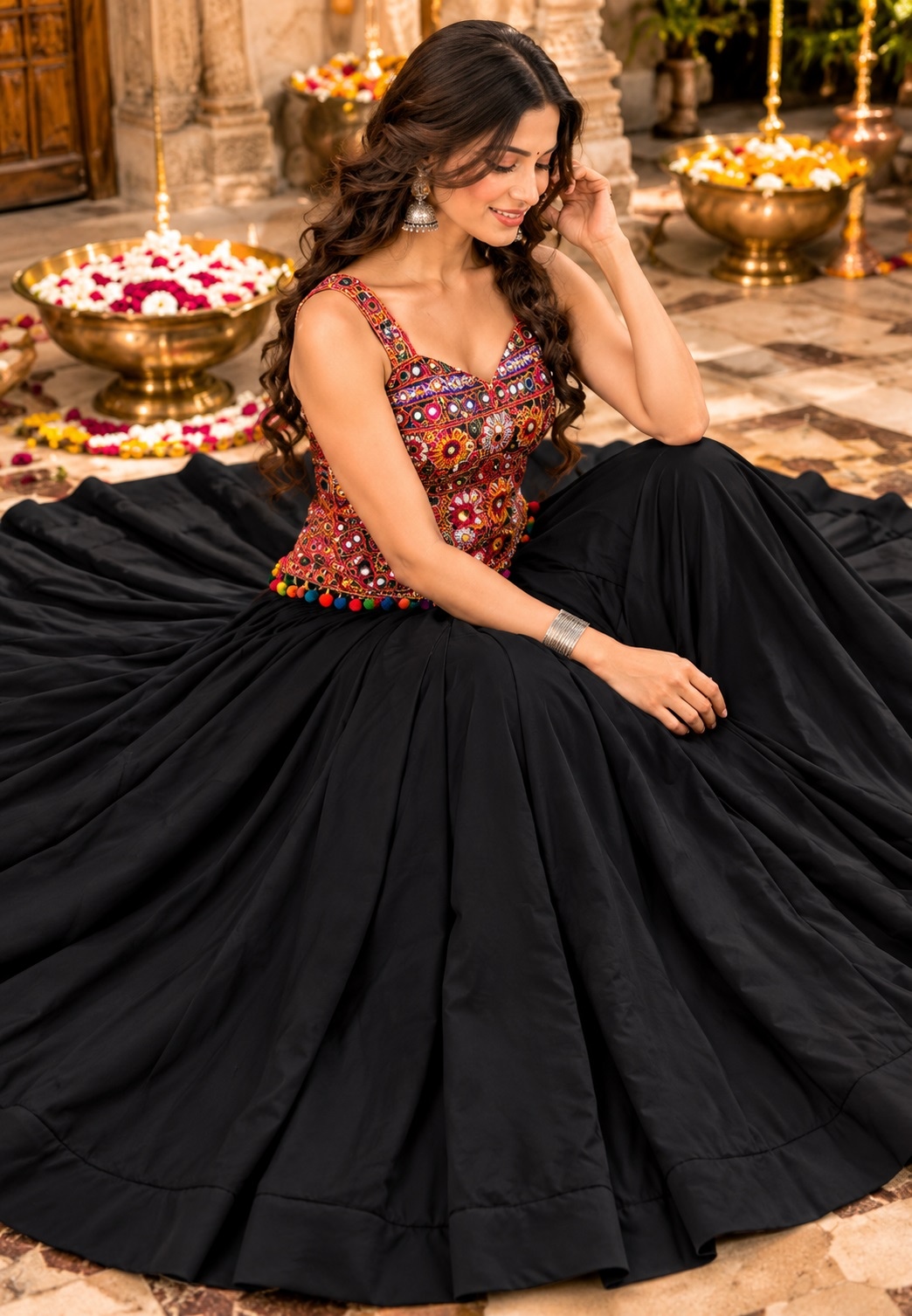 Black Kutch Mirror Embroidered Georgette Lehenga Choli Square-Neck
