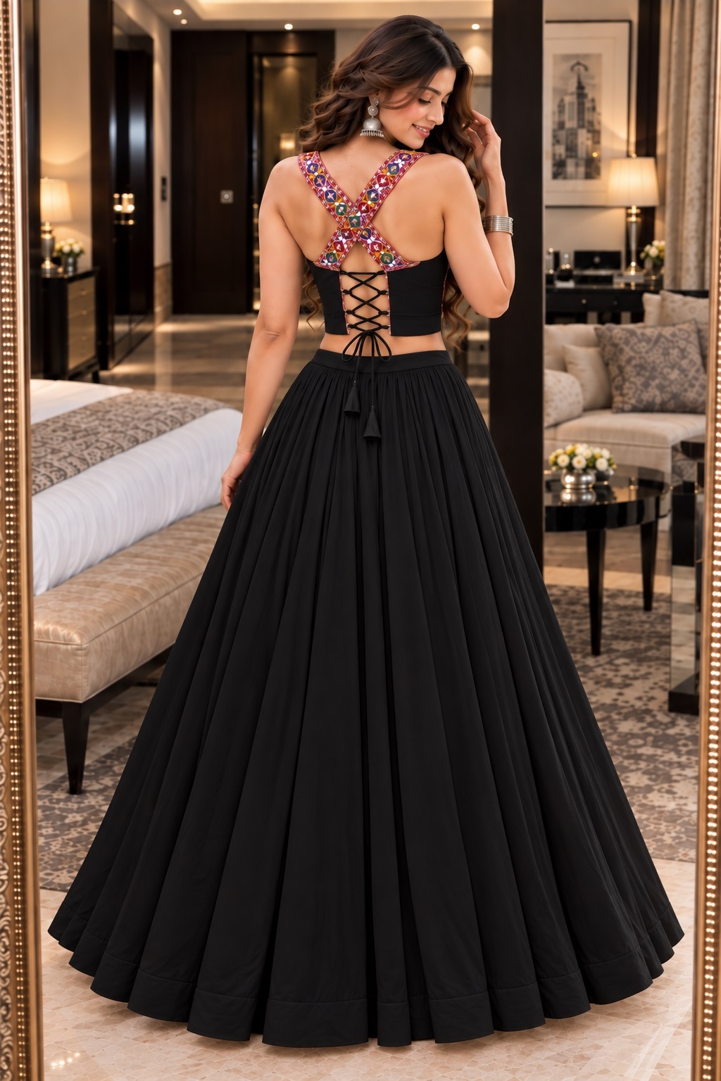 Black Kutch Mirror Embroidered Georgette Lehenga Choli Square-Neck