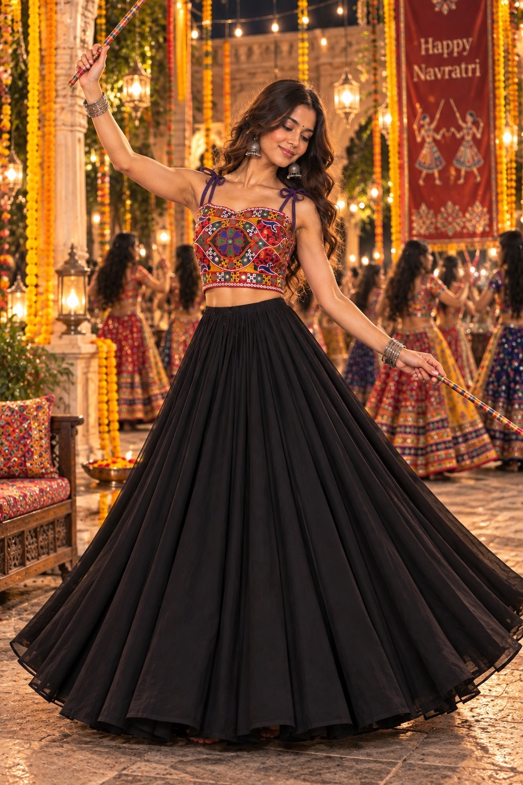 Black Kutch Mirror Embroidered Georgette Lehenga Choli Tie-Strap