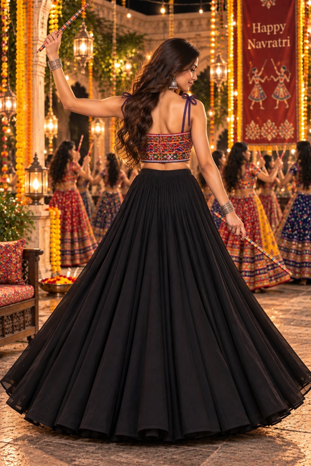 Black Kutch Mirror Embroidered Georgette Lehenga Choli Tie-Strap