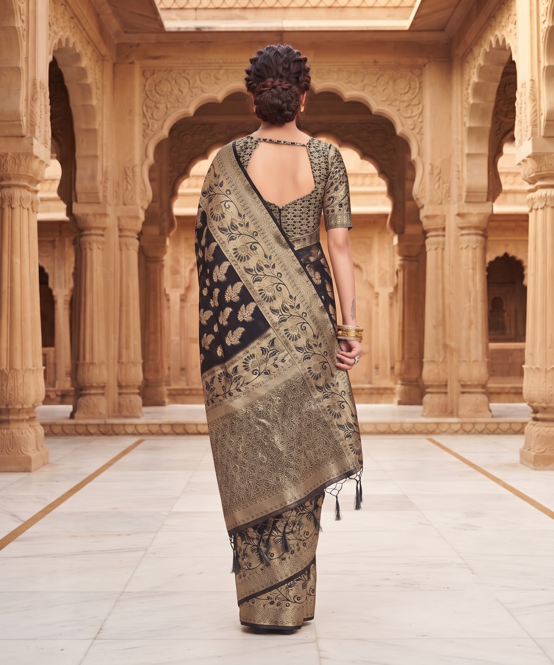 Black Leaf Buti Zari Woven Fendy Satin Saree — alternate view