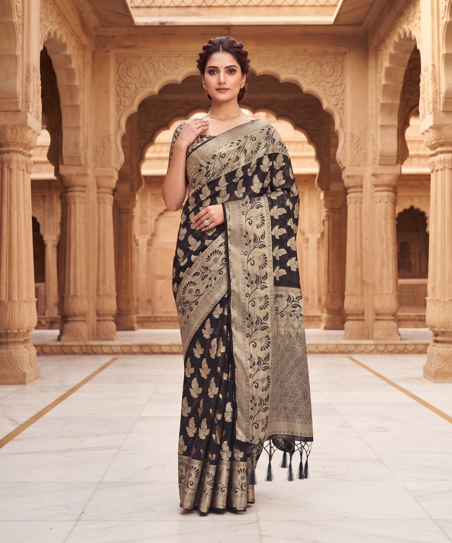 Black Leaf Buti Zari Woven Fendy Satin Saree