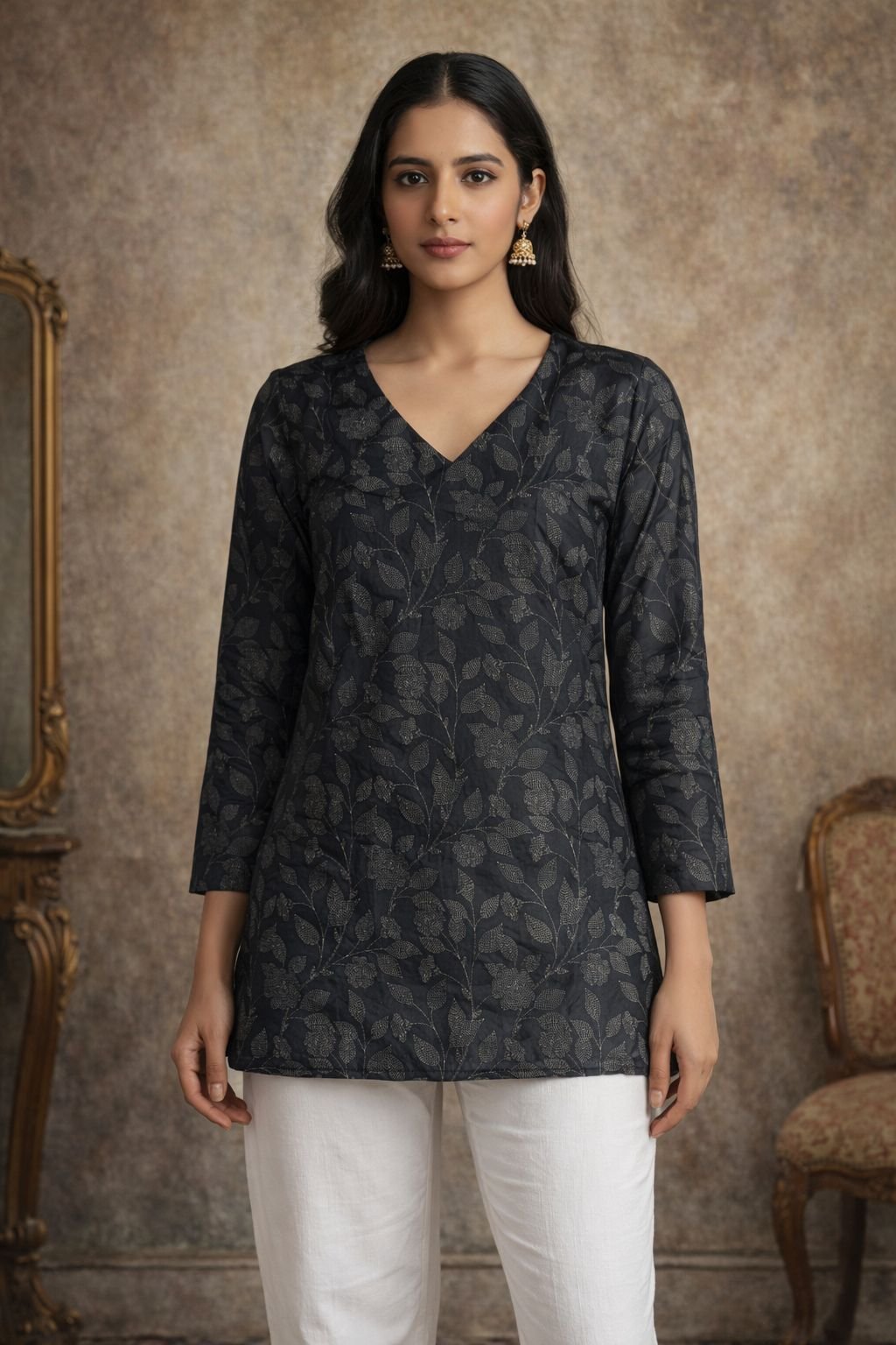 Black Leaf Motif Digital Printed Maslin Kurti